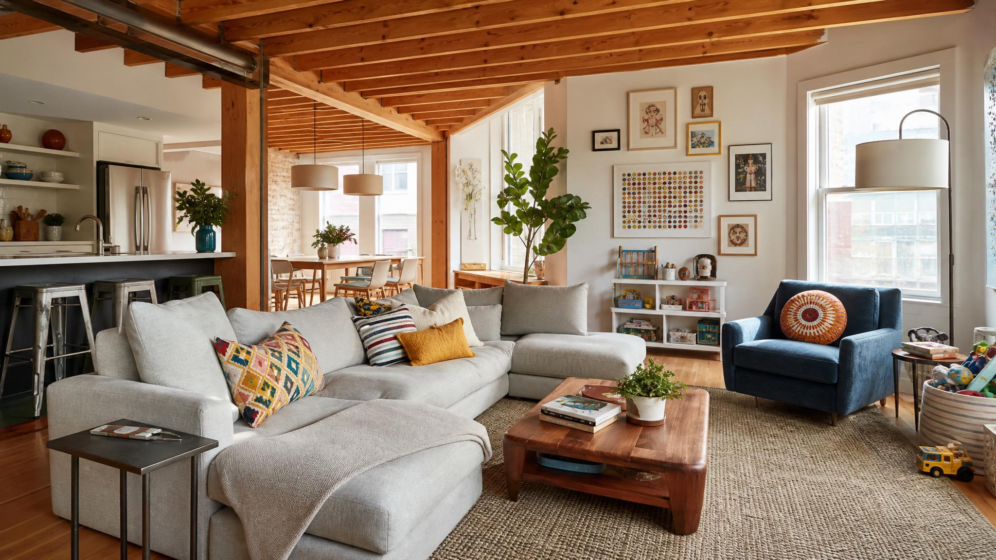 Cozy family living room in an open-plan urban loft with playful decor.
