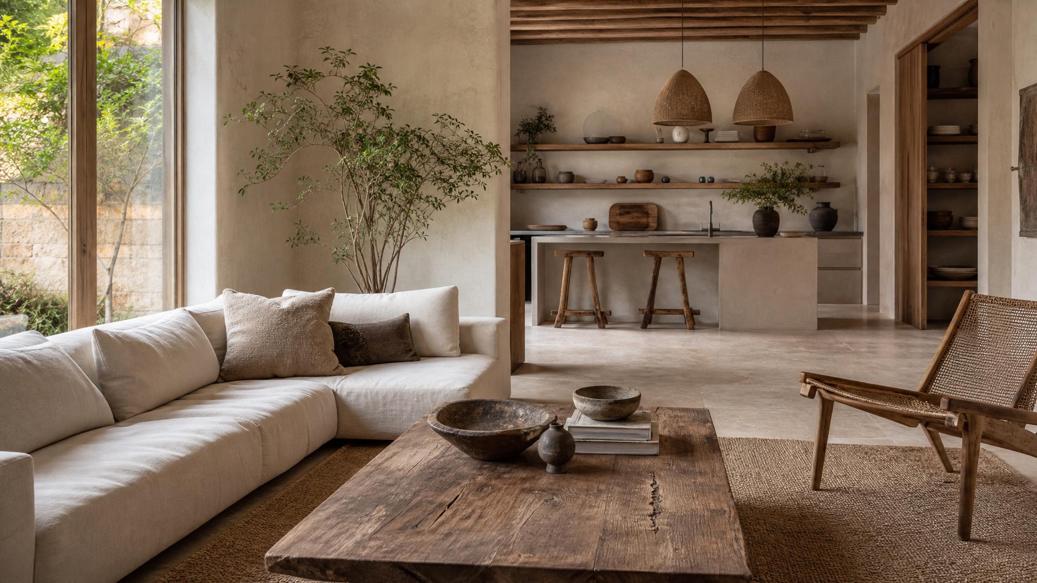 An open-plan living room designed with wabi-sabi principles, featuring natural materials and imperfect decor.