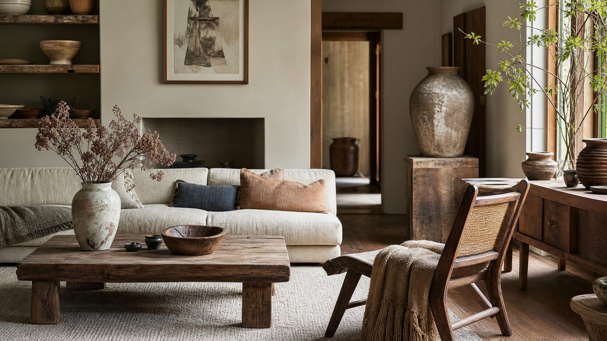 Beautifully arranged vintage handmade items that showcase wabi-sabi principles in a living room.