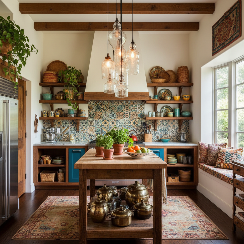 Image of a bohemian kitchen with colorful decor and eclectic design.