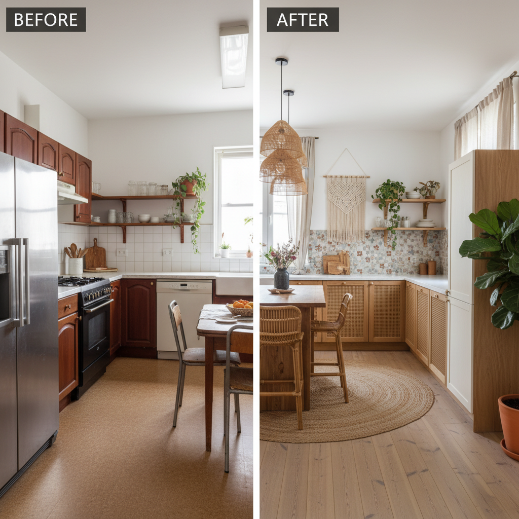 Before and after of a kitchen designed with AI tools in a bohemian style.