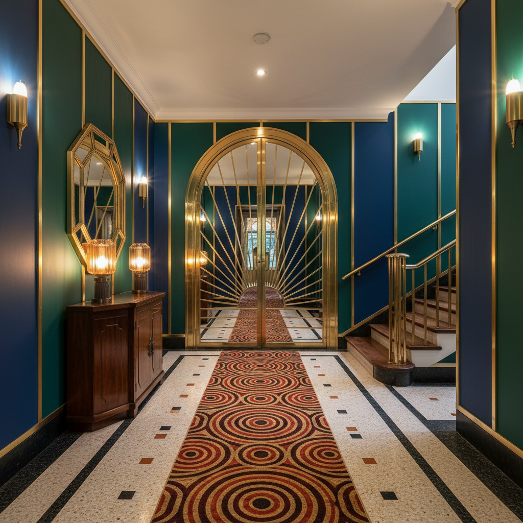 Art deco entryway featuring geometric design and rich colors.