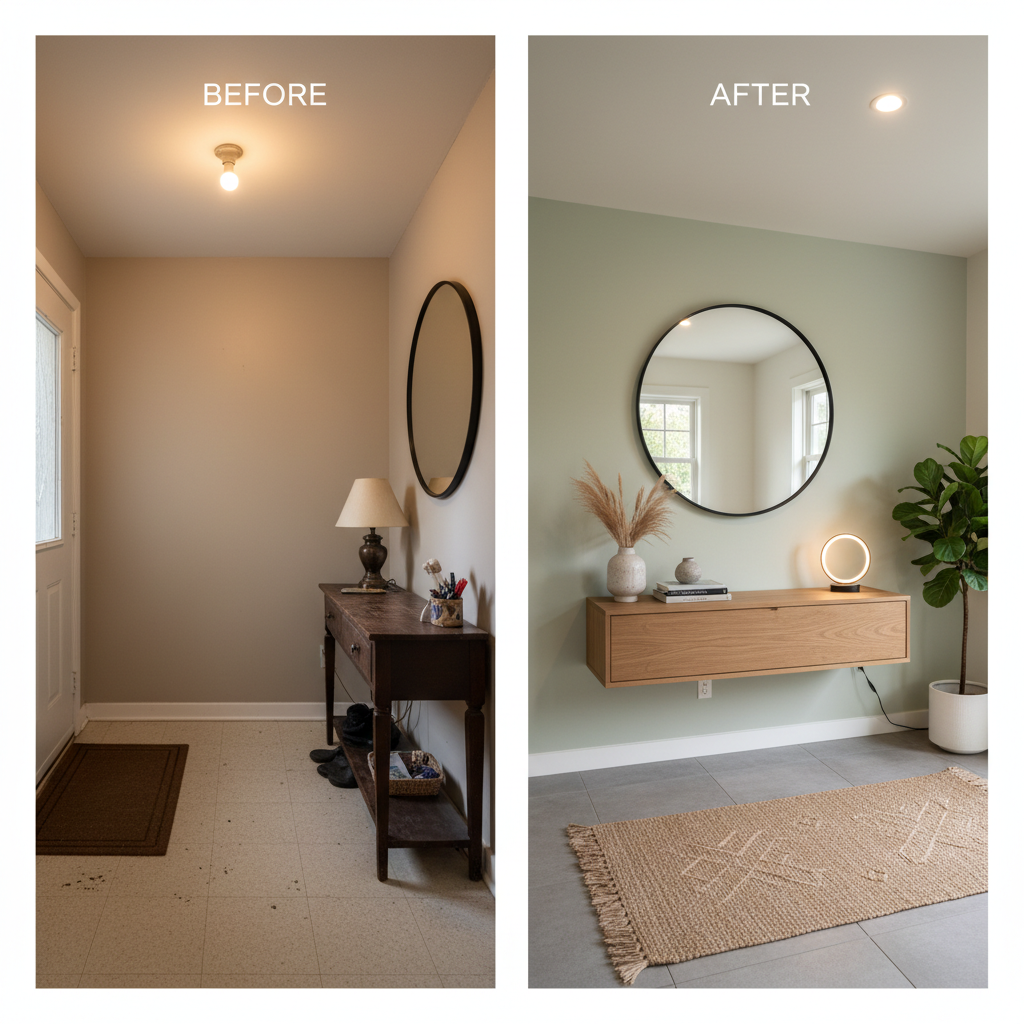 Before and after of an entryway designed with AI.