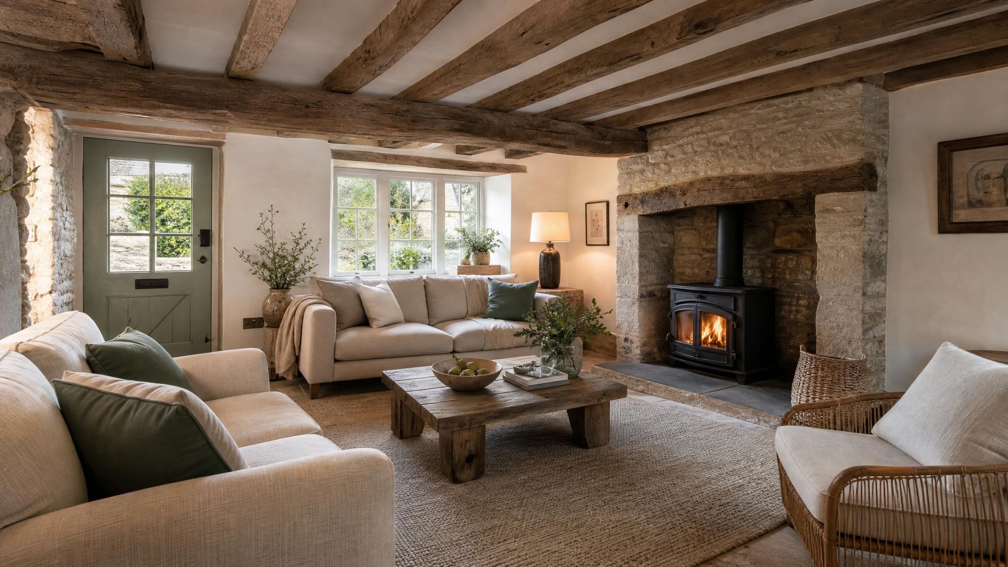 Rustic small living room with wooden beams and cozy furniture.