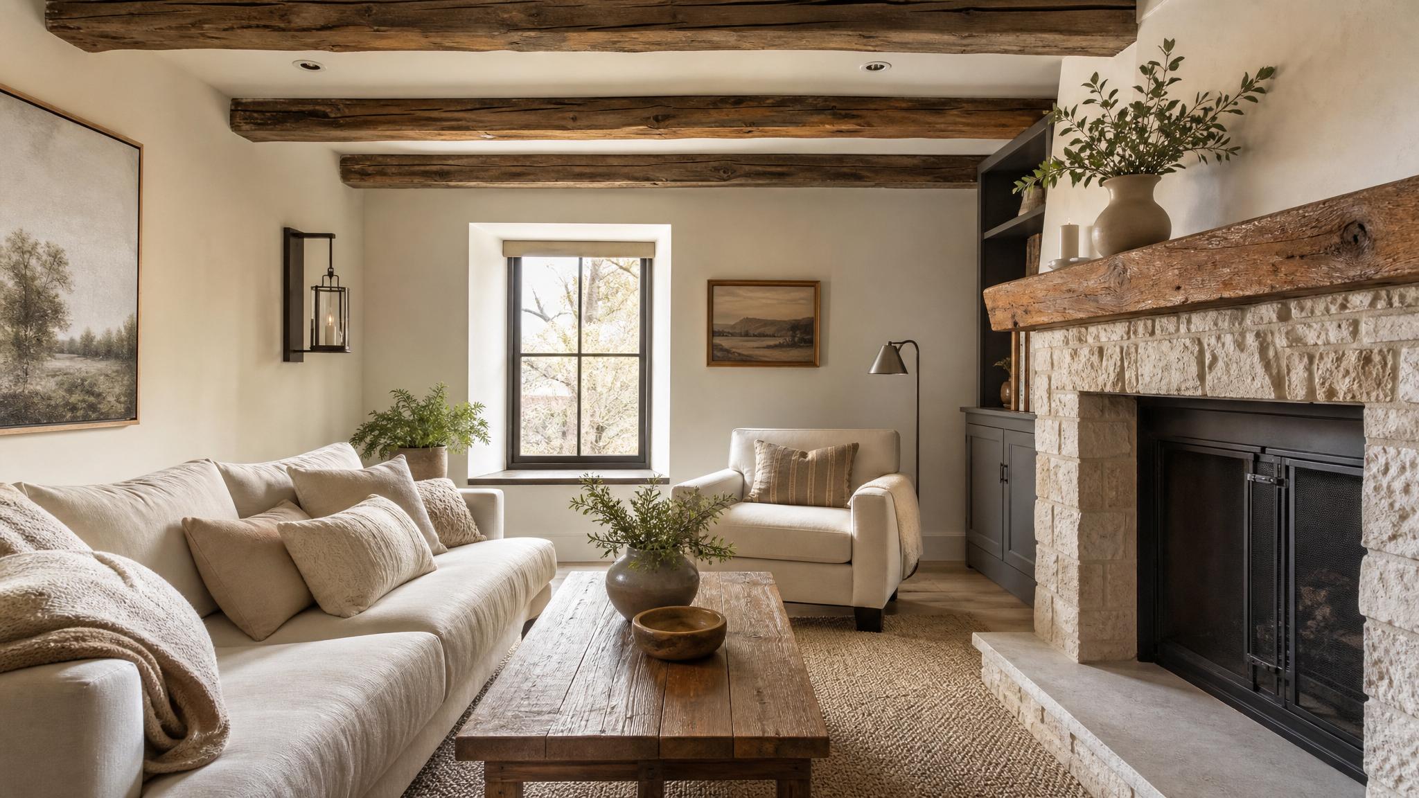 Small living room with rustic exposed beams and neutral decor.