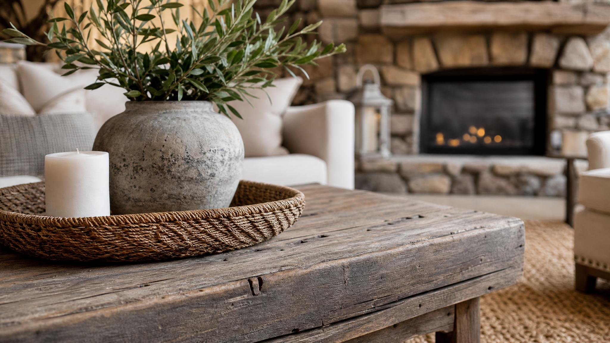 Close-up photograph of rustic textures in a cozy living room.