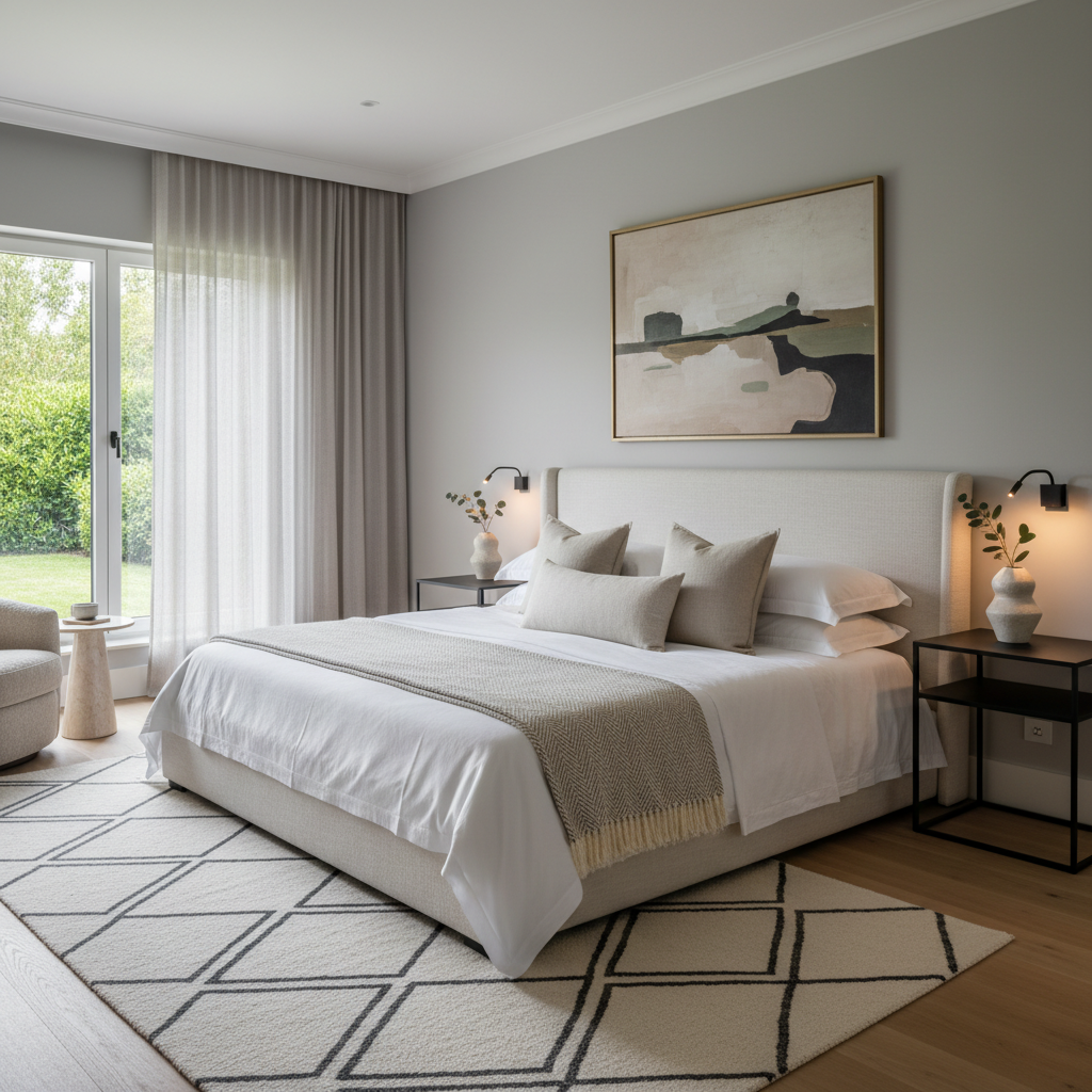 Image of a beautifully designed guest bedroom emphasizing quiet luxury