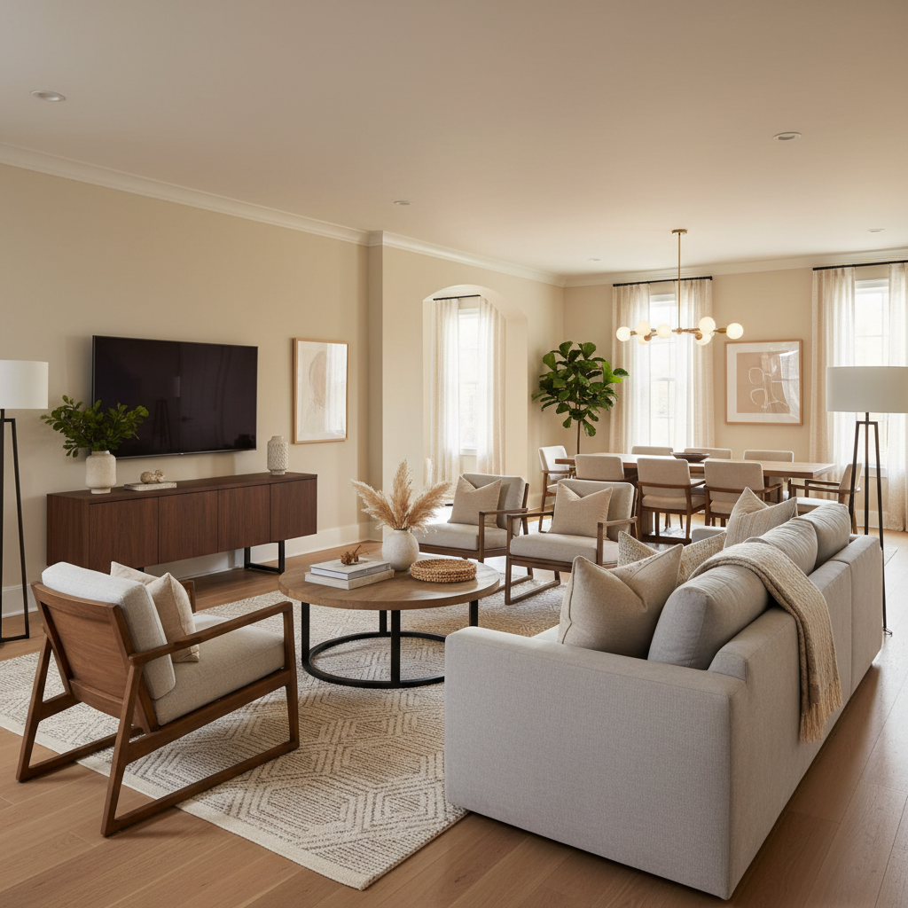 A beautifully staged transitional open-plan living room featuring neutral tones, modern furniture, and warm lighting.