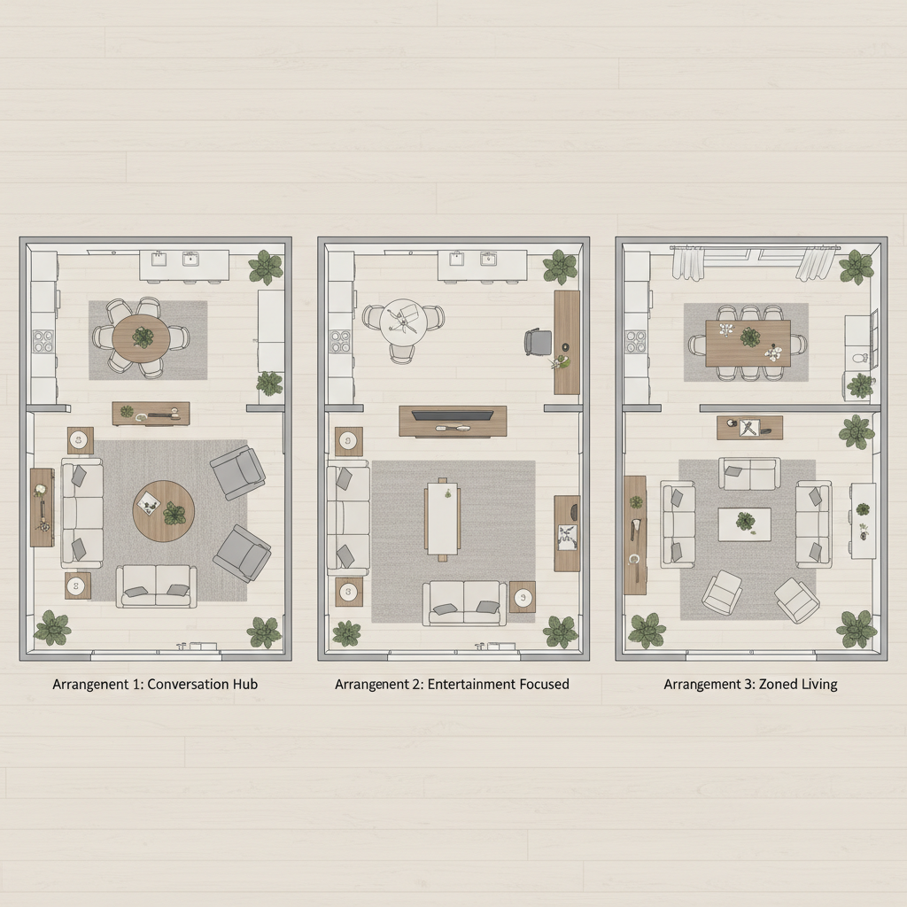 A diagram showing different furniture arrangements for a transitional open-plan living room.