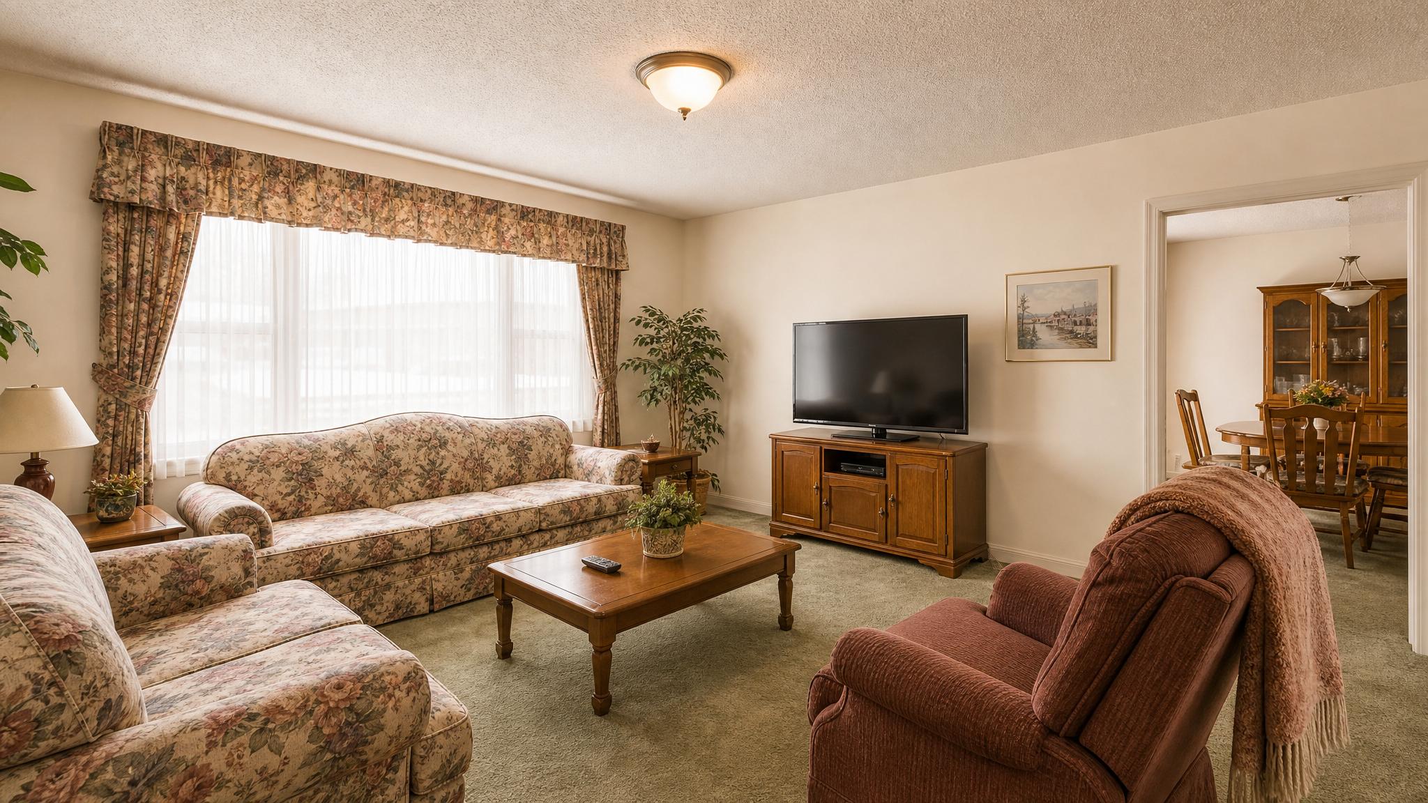Image of a small living room with outdated decor