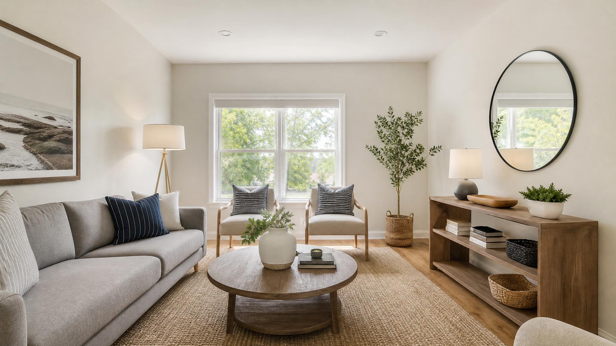 Image of newly painted small living room with modern decor