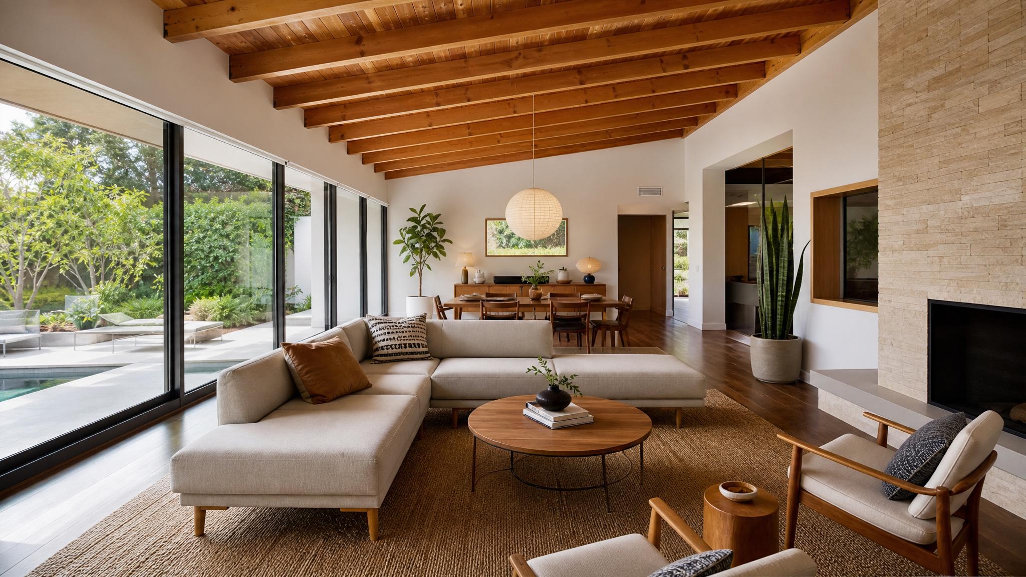 An elegant mid-century modern living room featuring a spacious open-plan layout.