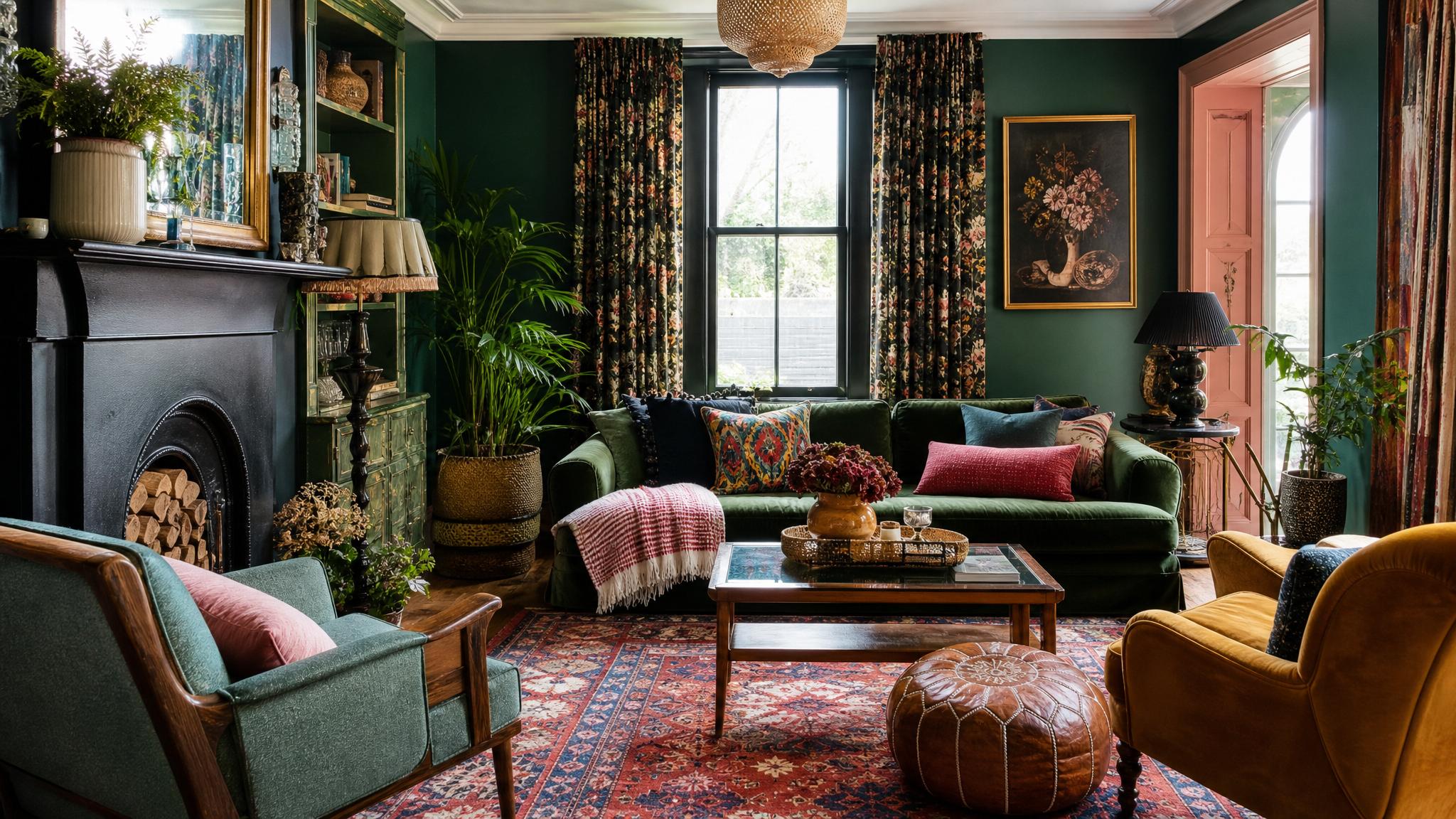 A small maximalist living room with bold colors and layered textures.