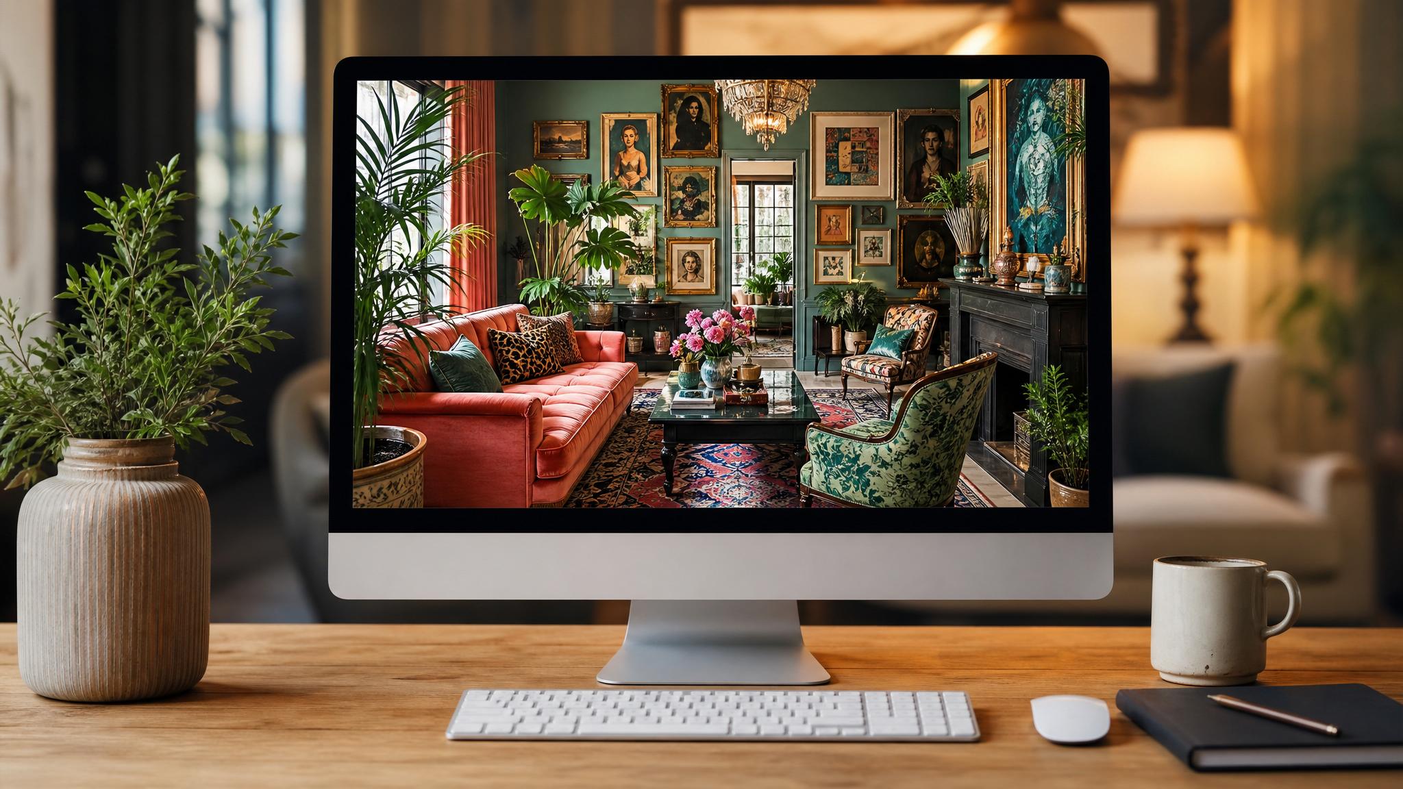 A computer screen displaying an AI-generated maximalist living room design.