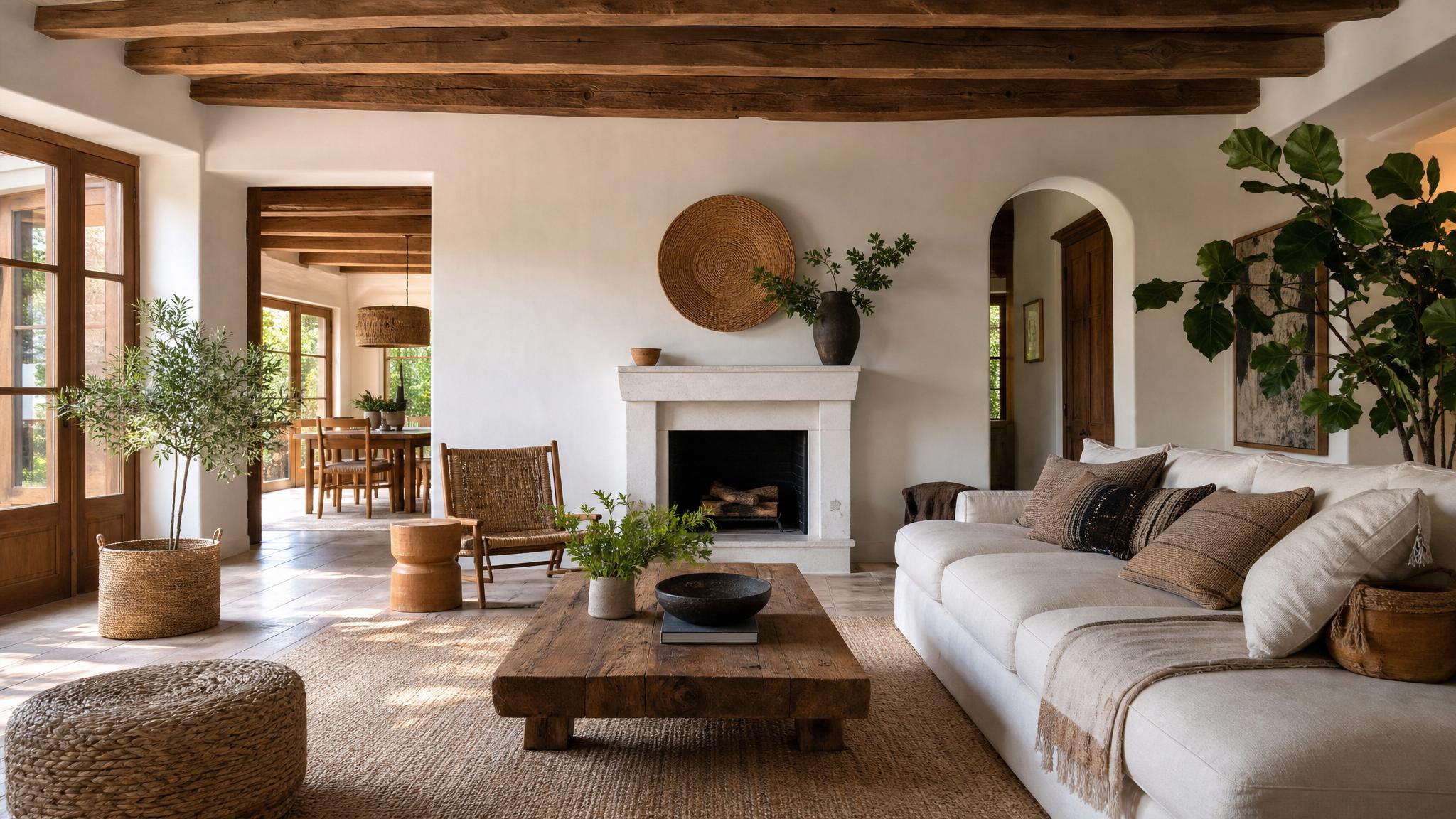 A living room with plants, natural materials, and earthy colors.