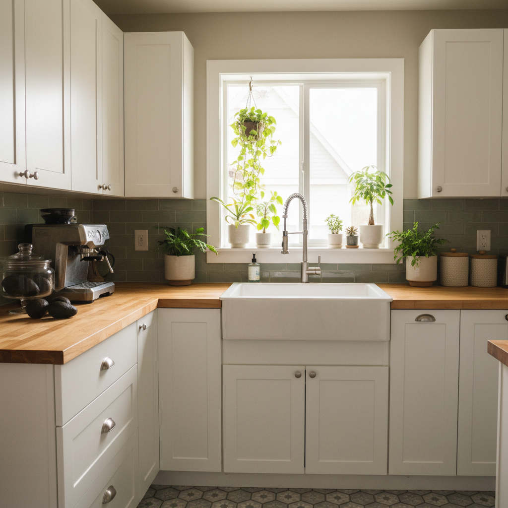 Natural light flooding a small kitchen with green plants on the counter