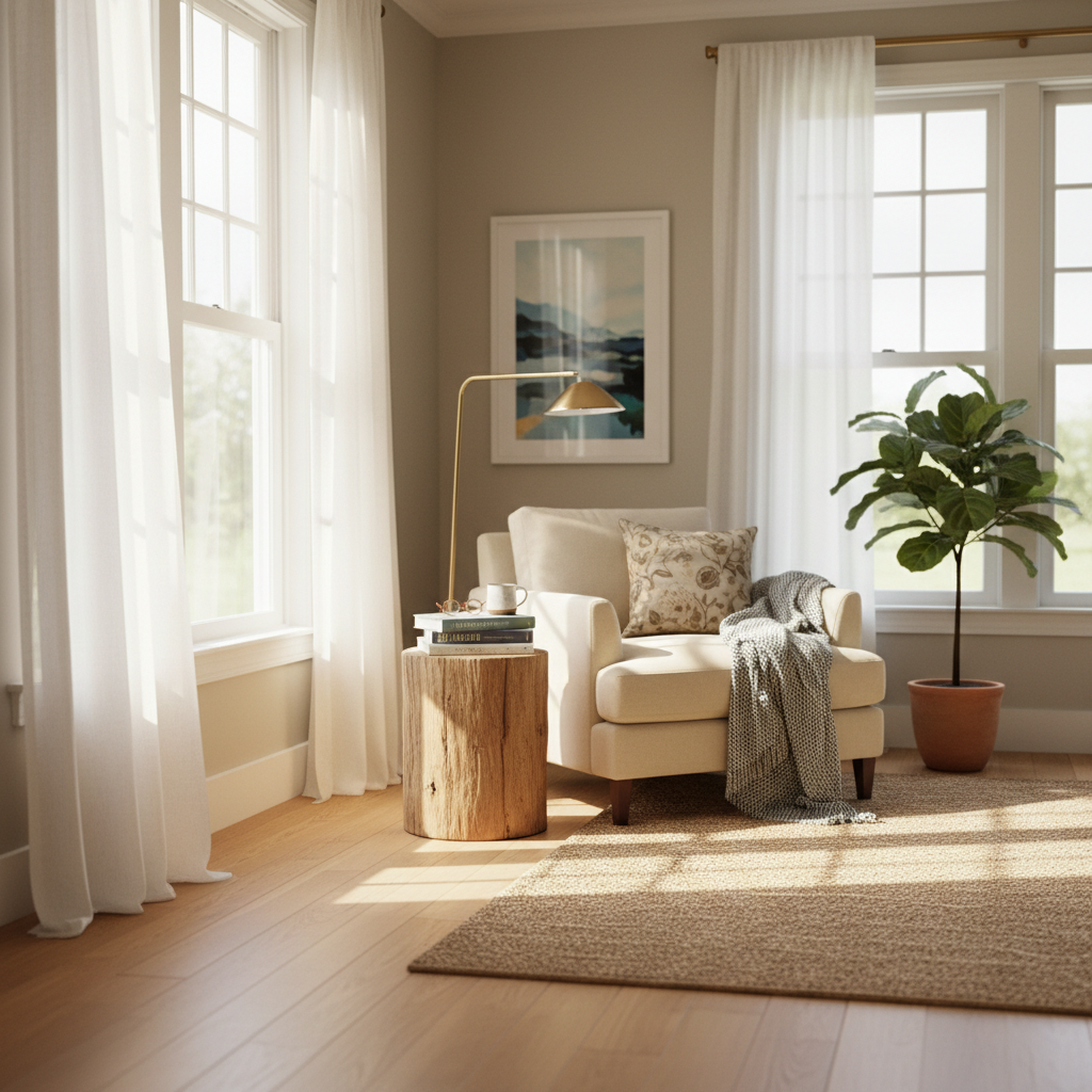 A well-lit reading nook showing natural sunlight streaming through sheer curtains.