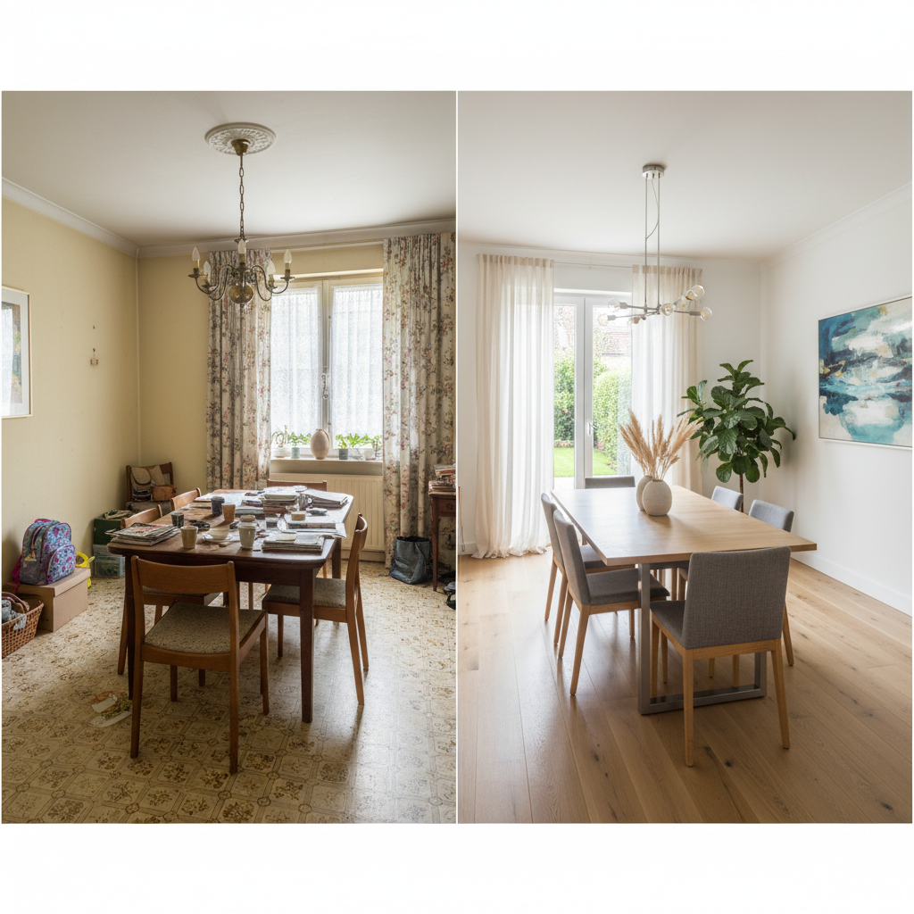 Before and after AI transformation of a dining room
