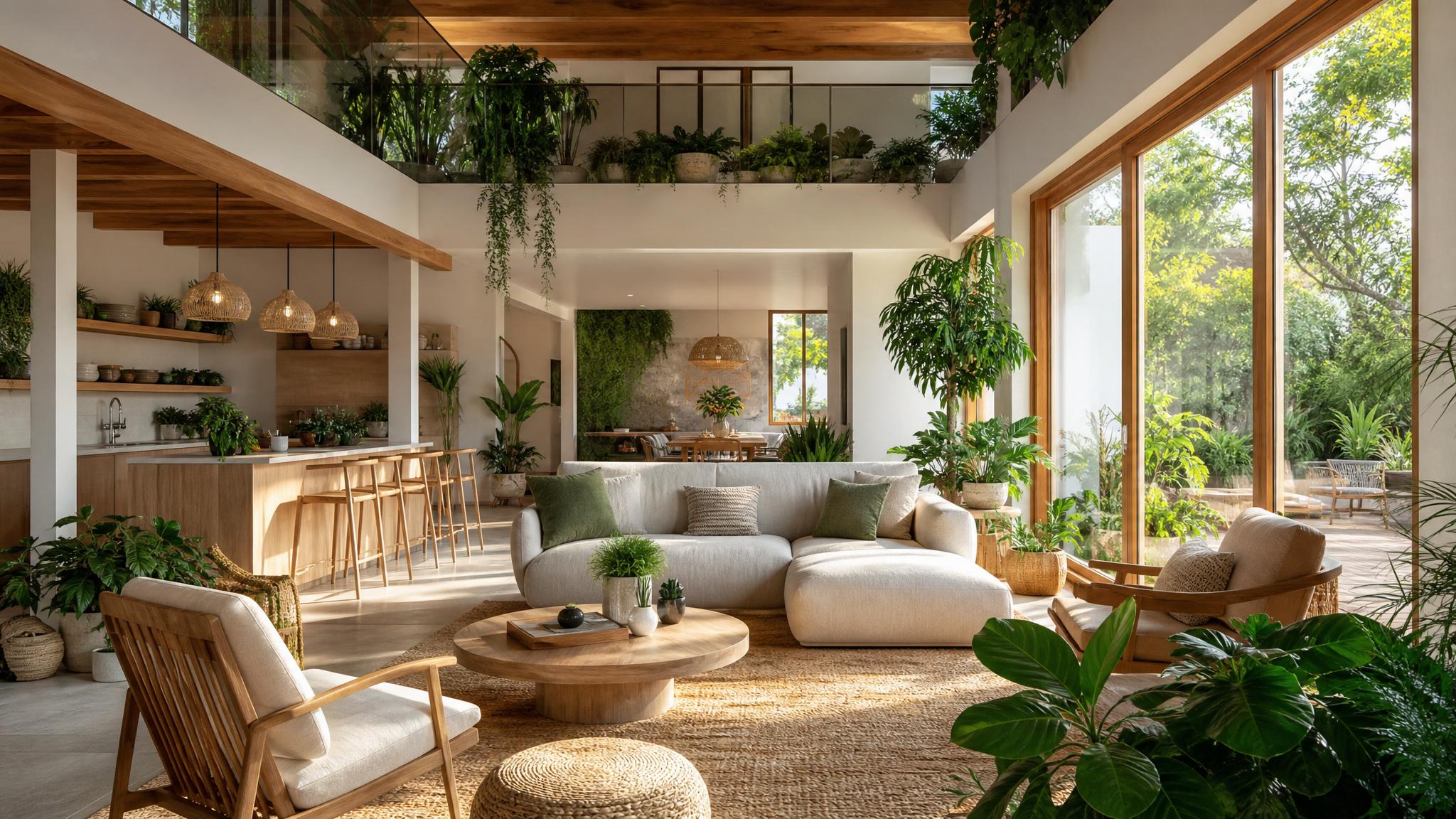 Beautiful biophilic open-plan living room with lots of greenery and natural light