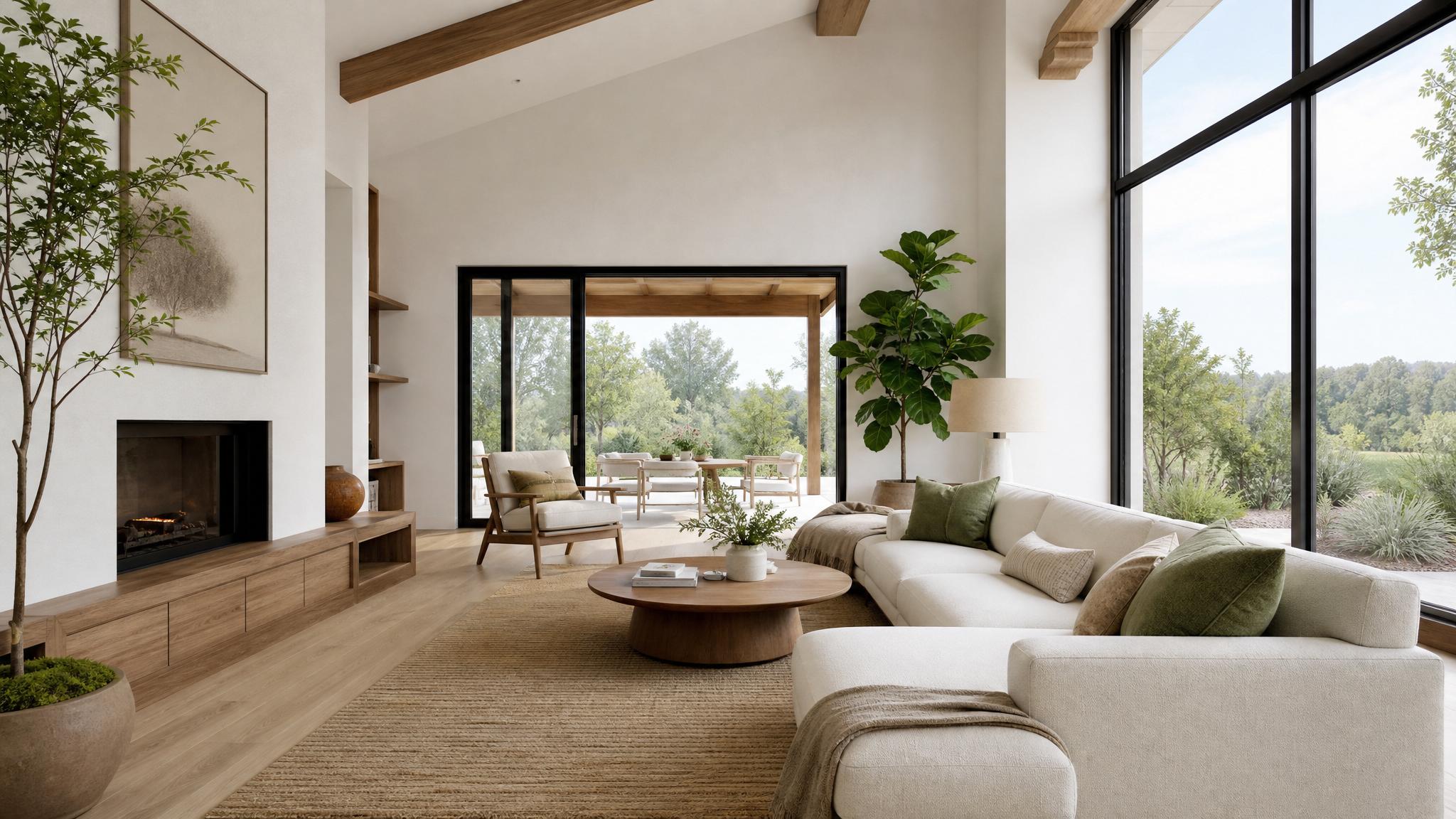 Airy minimalist biophilic living room with large windows and minimal decor
