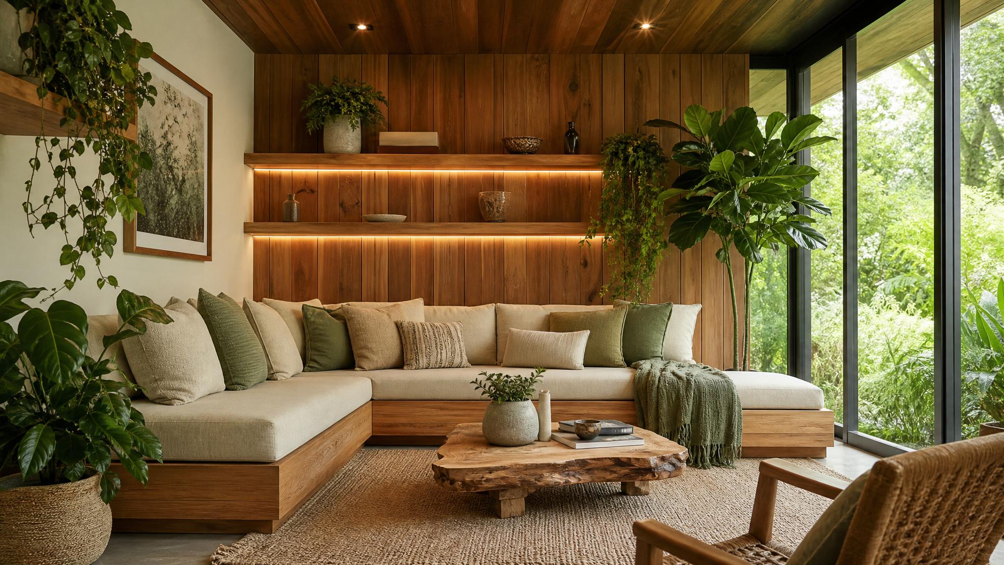 Cozy biophilic living room nook featuring wood elements and plants