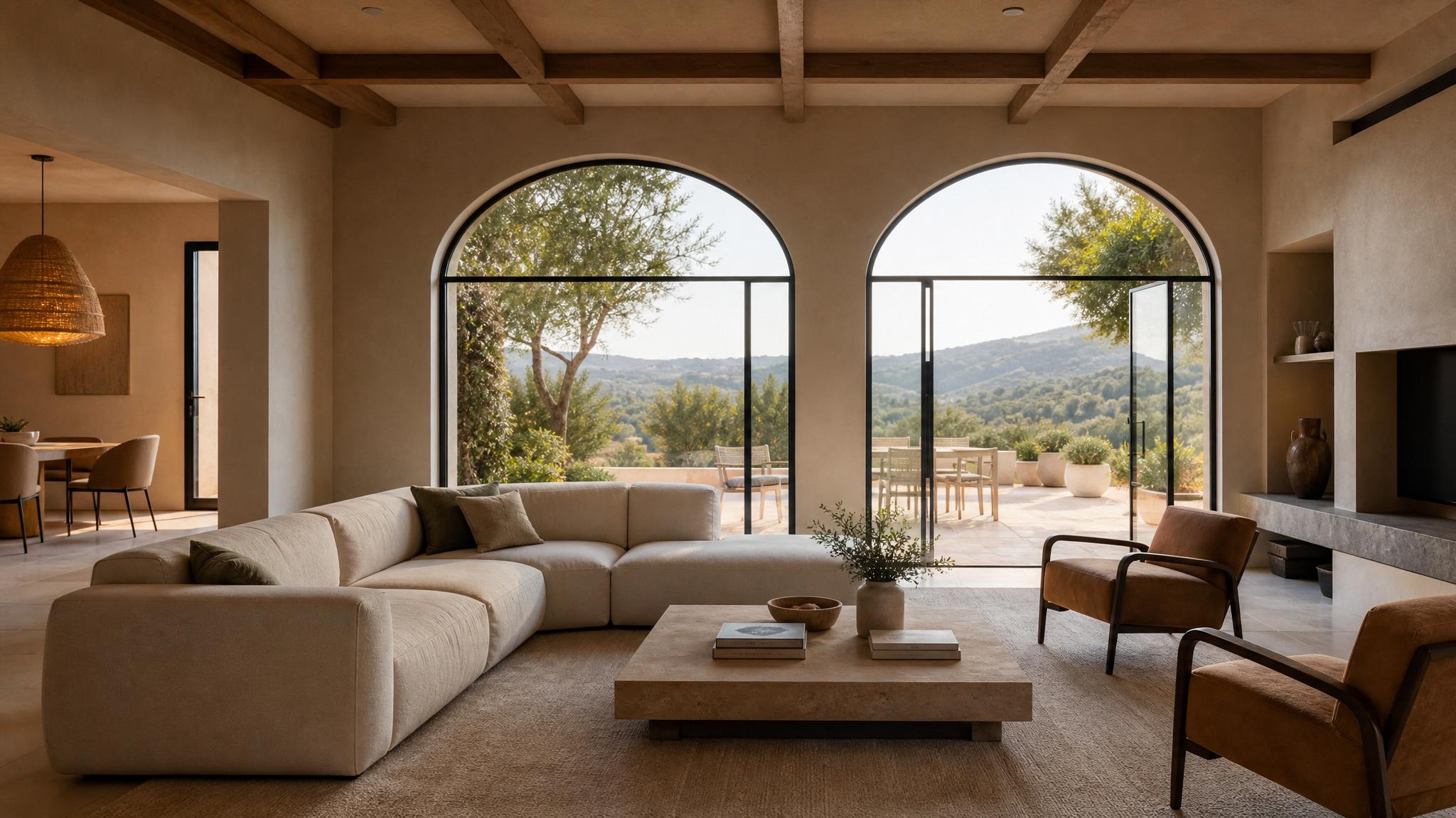 A beautifully designed Italian modern living room showcasing minimalist furniture and warm color tones.