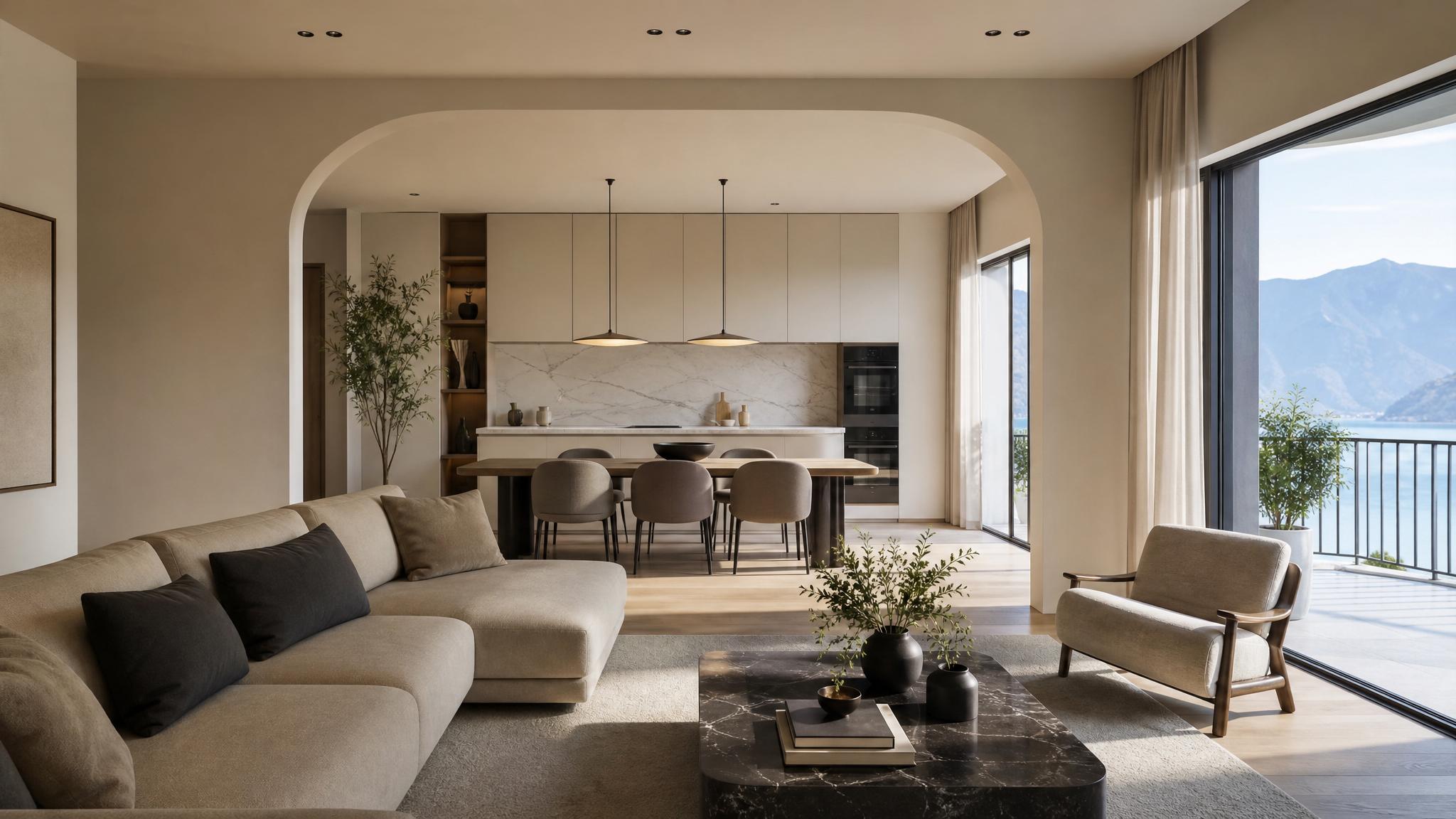 An example of an open Italian living room with a neutral color palette and stylish furniture.