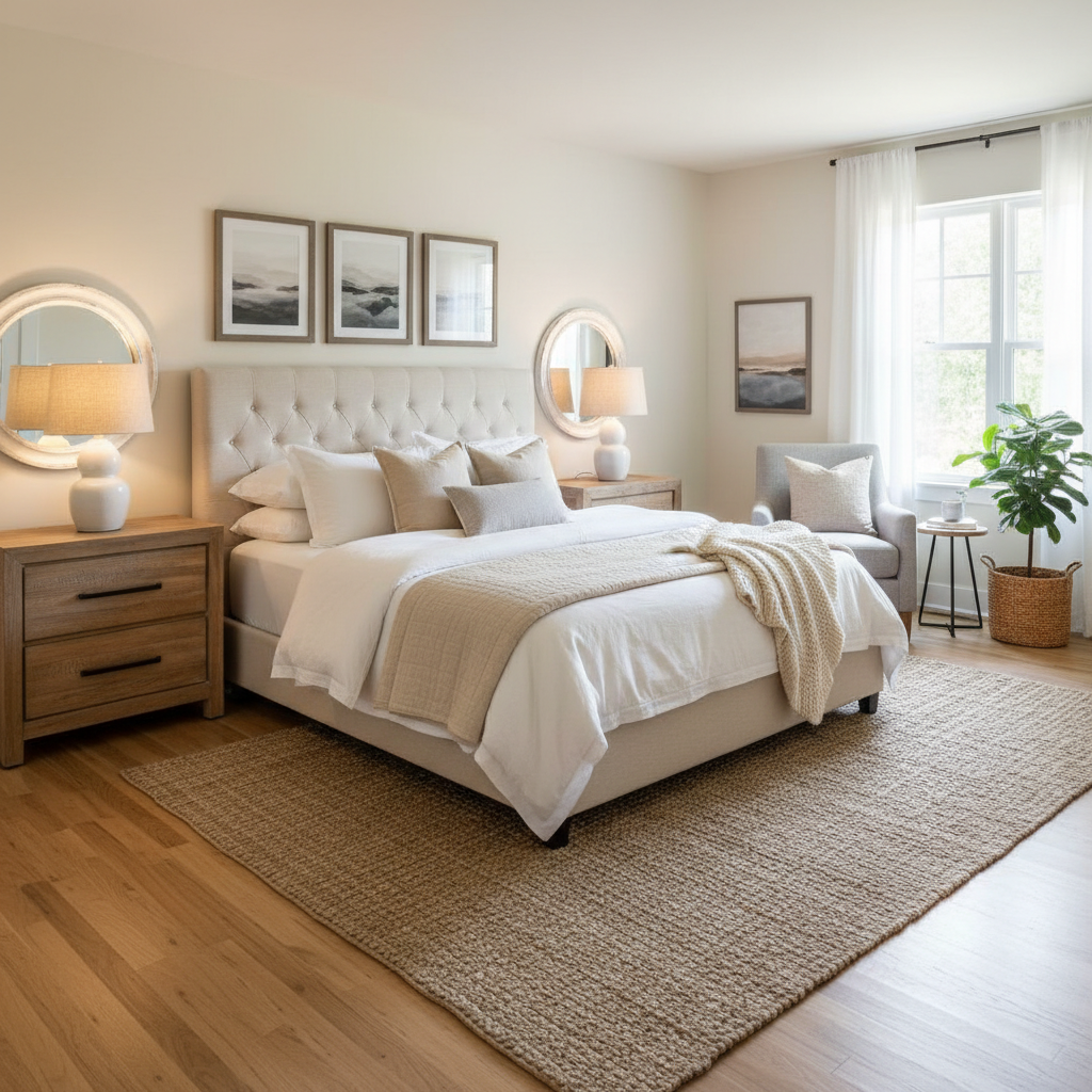 Image of a beautifully staged farmhouse guest bedroom with neutral palette