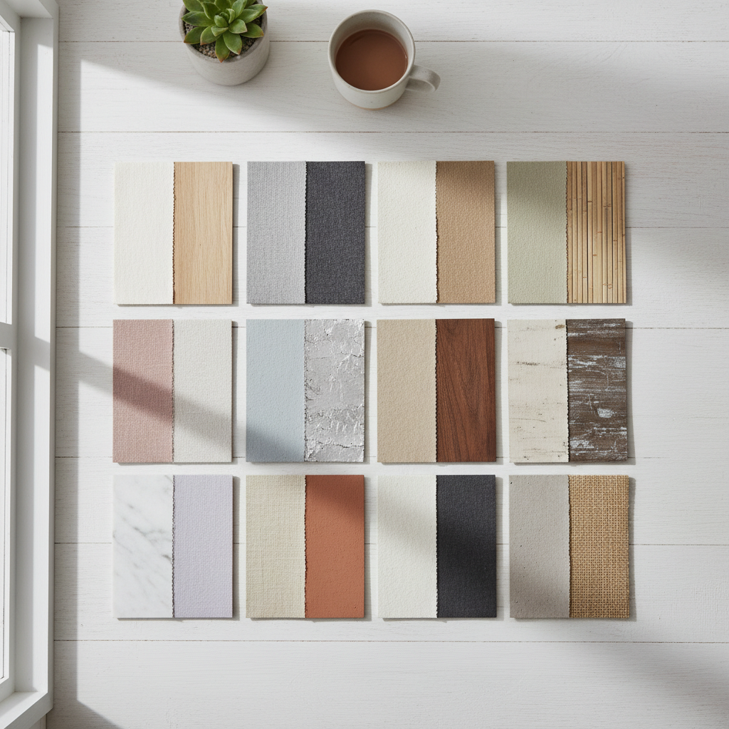 Image of swatches showcasing the 12 neutral combinations for a guest bedroom