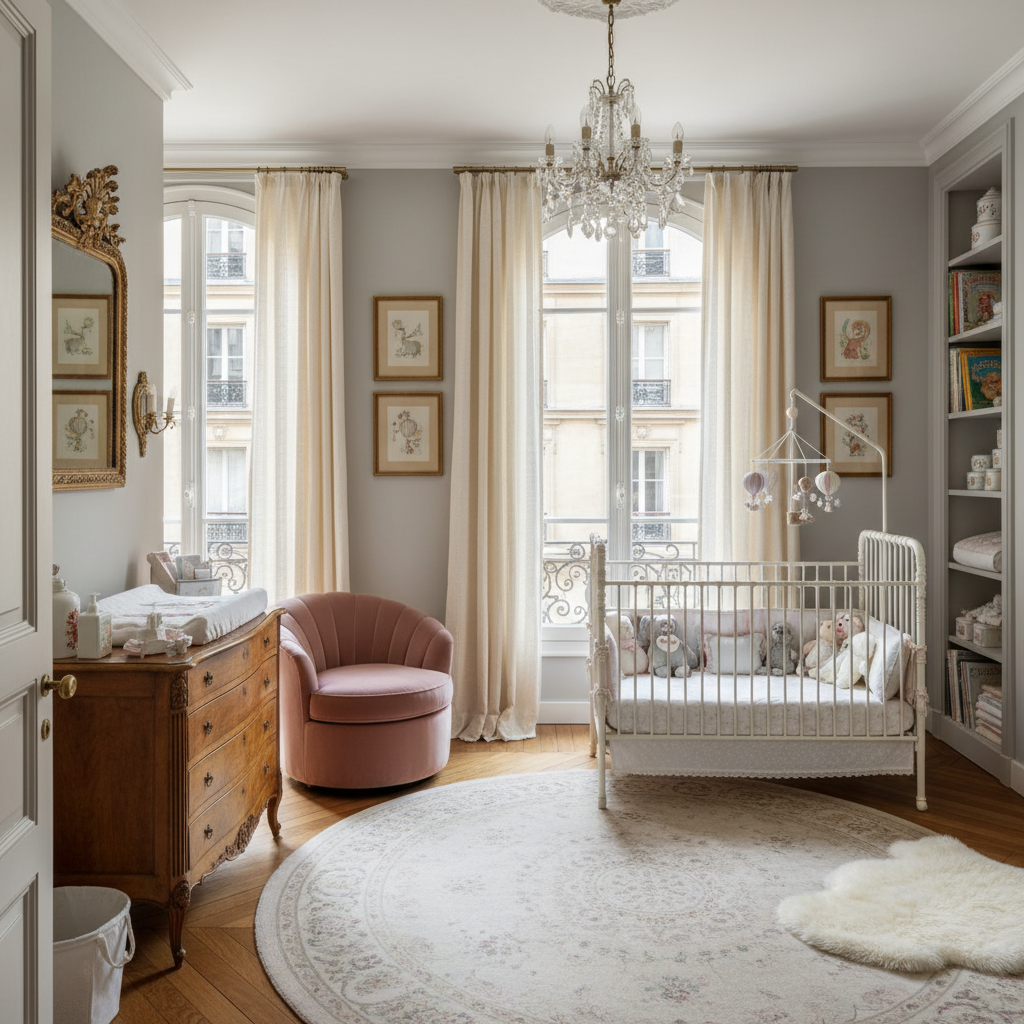 A beautifully designed Parisian nursery showcasing classic elements, elegant decor, and soft palettes.