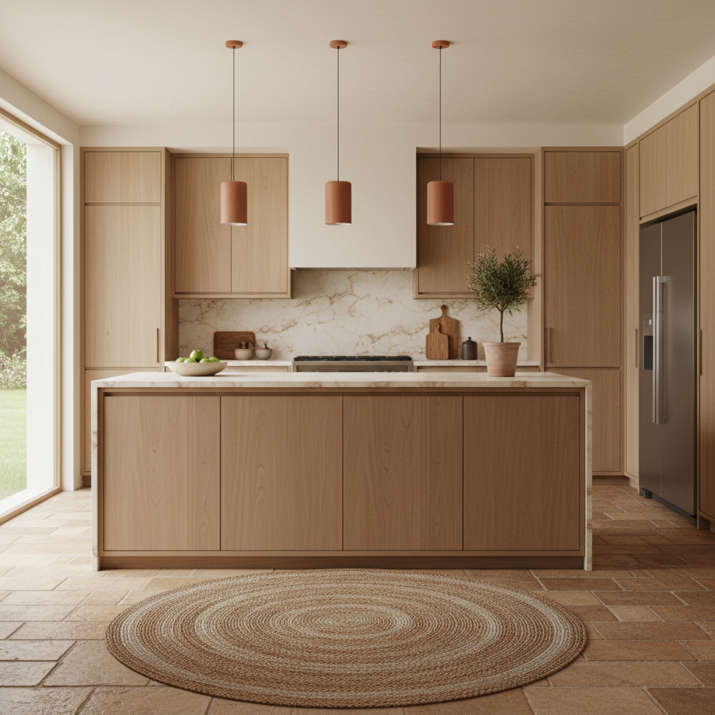 An AI-generated warm minimalist kitchen design showcasing earth tones and simple lines.