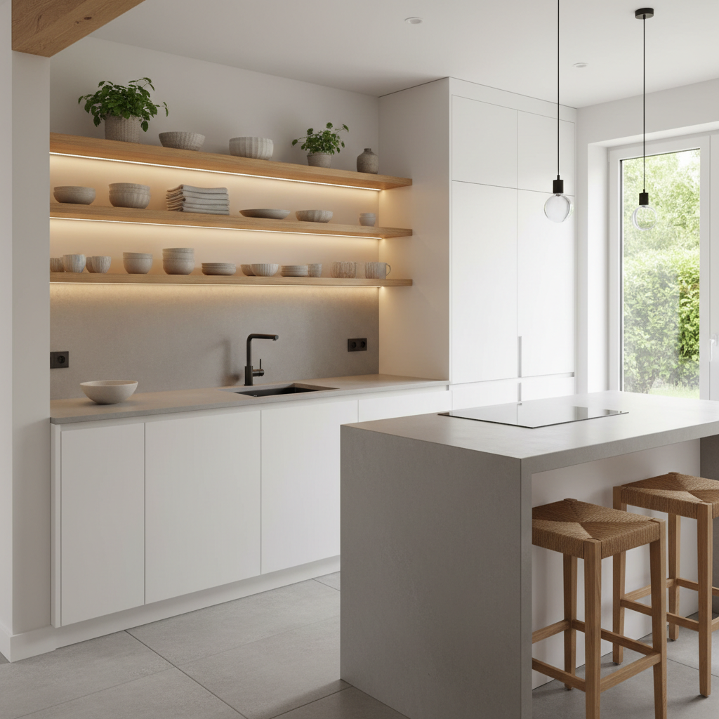 A cozy minimalist kitchen featuring wooden shelves and stylish, hidden appliances.