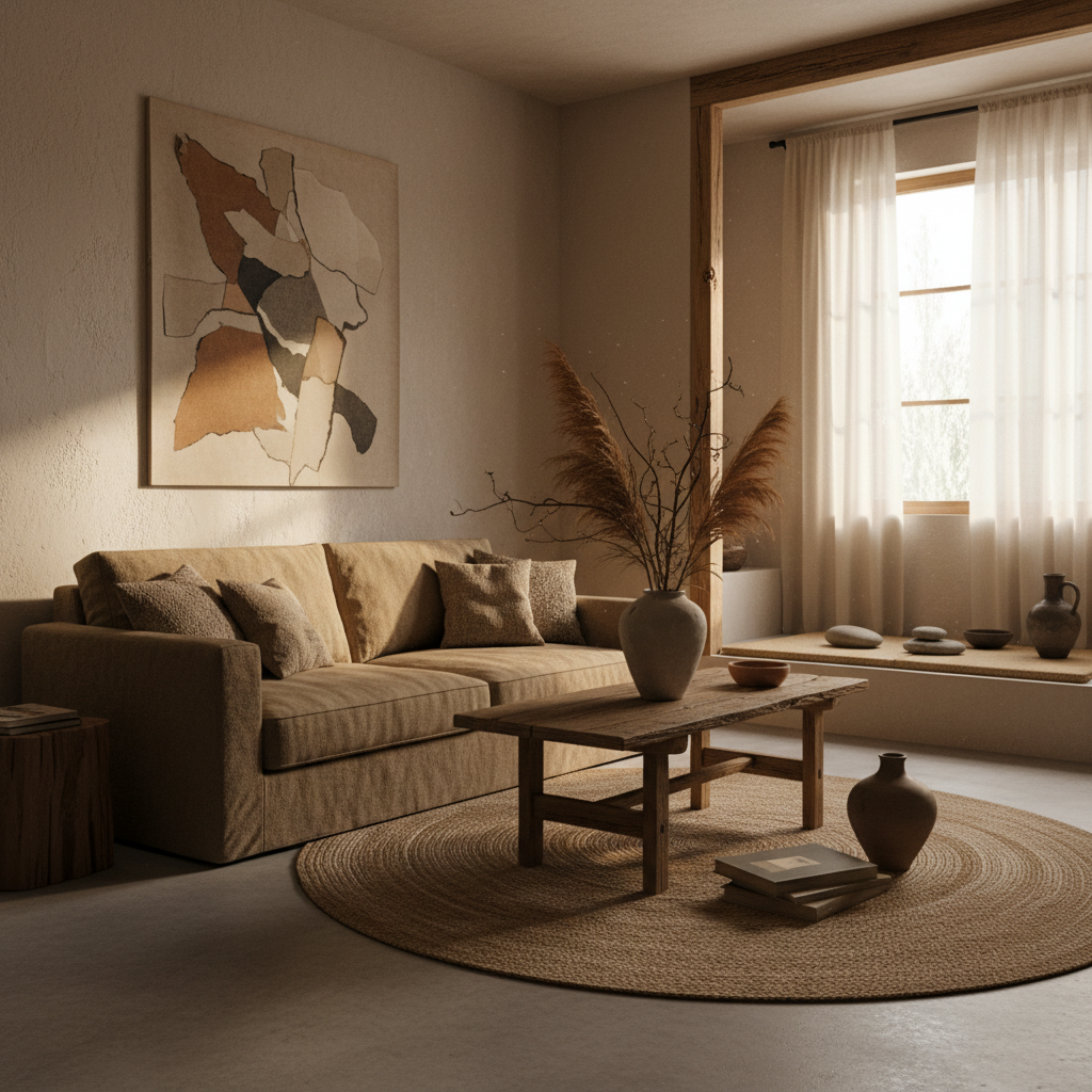 An aesthetically pleasing wabi-sabi studio with natural textures and earthy tones