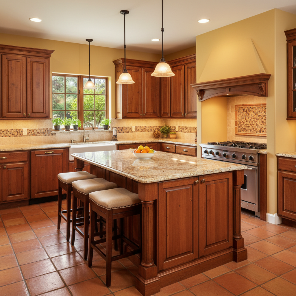 Image of a traditional kitchen with classic wooden cabinets and warm colors.