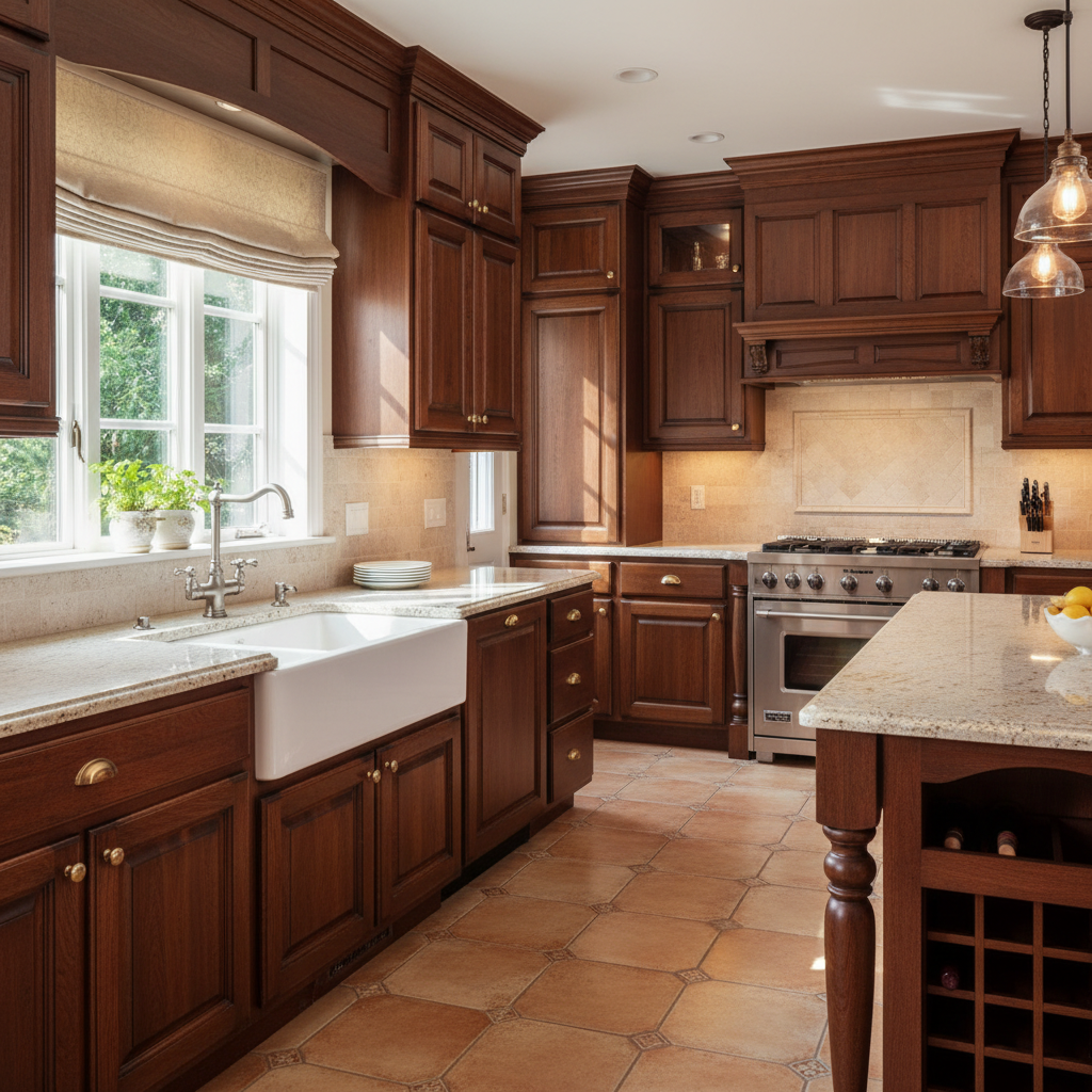 Image of traditional kitchen design showcasing elements like a Butler sink and rich cabinetry.