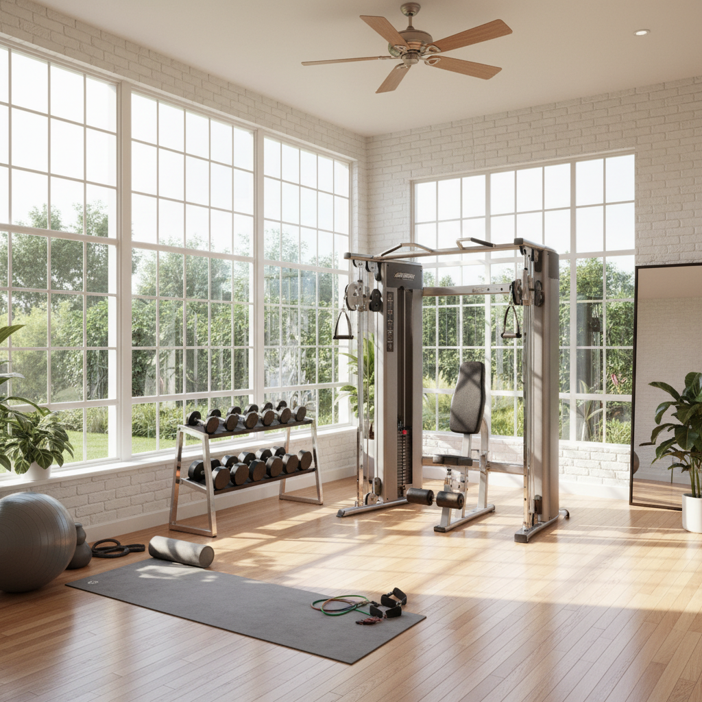 Illustration of a well-lit home gym with natural light streaming in.