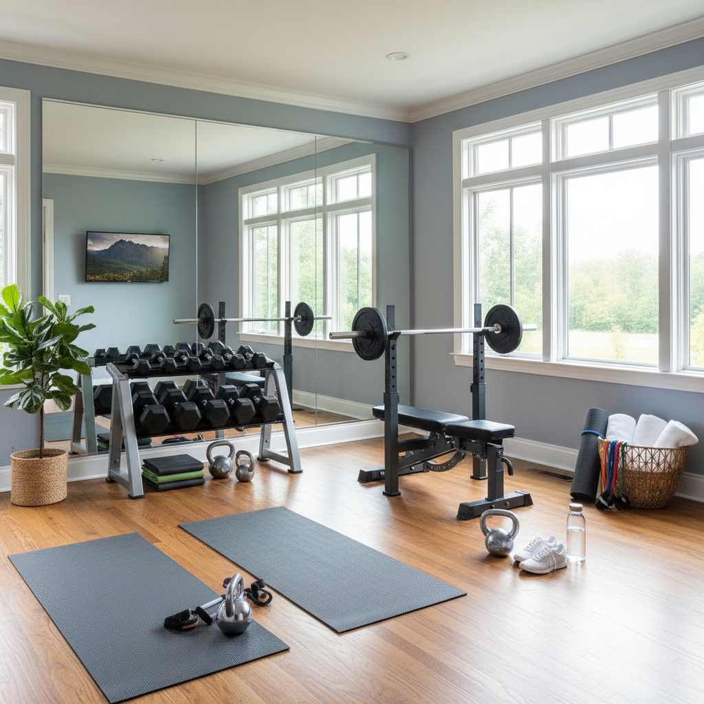 Example of a staged home gym with lifestyle elements like yoga mats and weights.