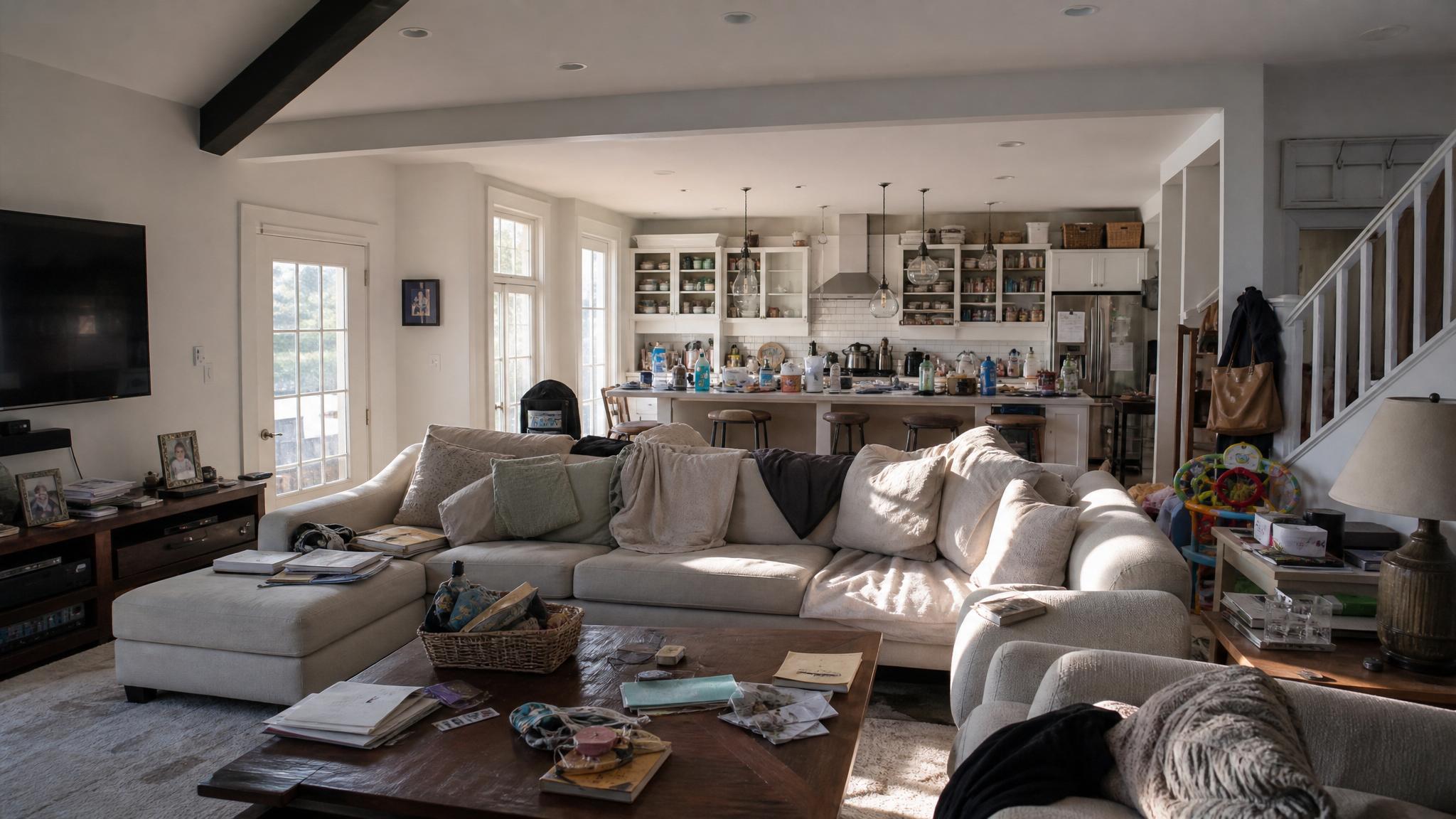 Before image of a cluttered open-plan living room