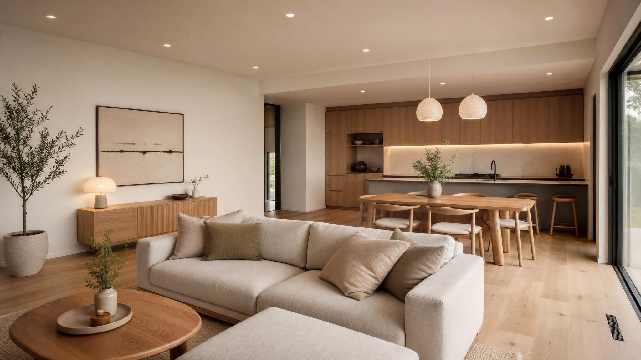 After image of a transformed Japandi open-plan living room