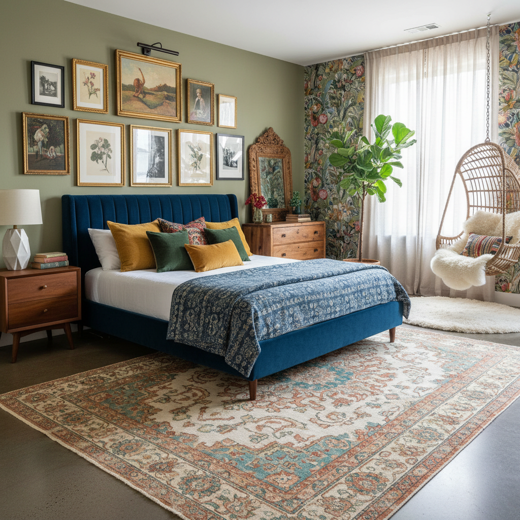 Eclectic bedroom design showcasing a blend of different styles and colors.