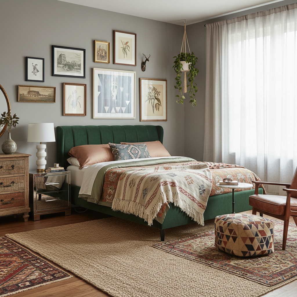 Diverse furniture styles and textures blended in an eclectic bedroom setting.