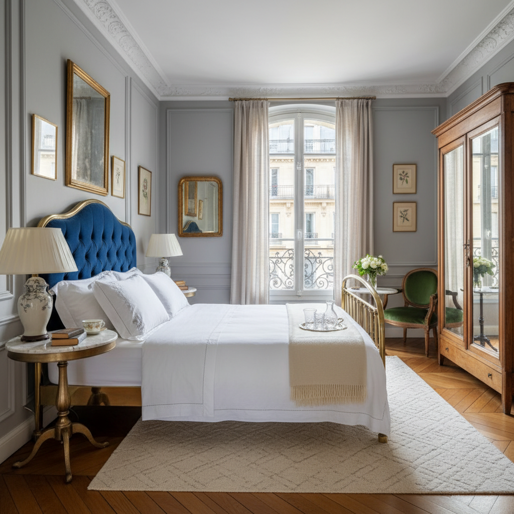A beautifully decorated Parisian guest bedroom, showcasing a mix of vintage furniture and elegant decor.