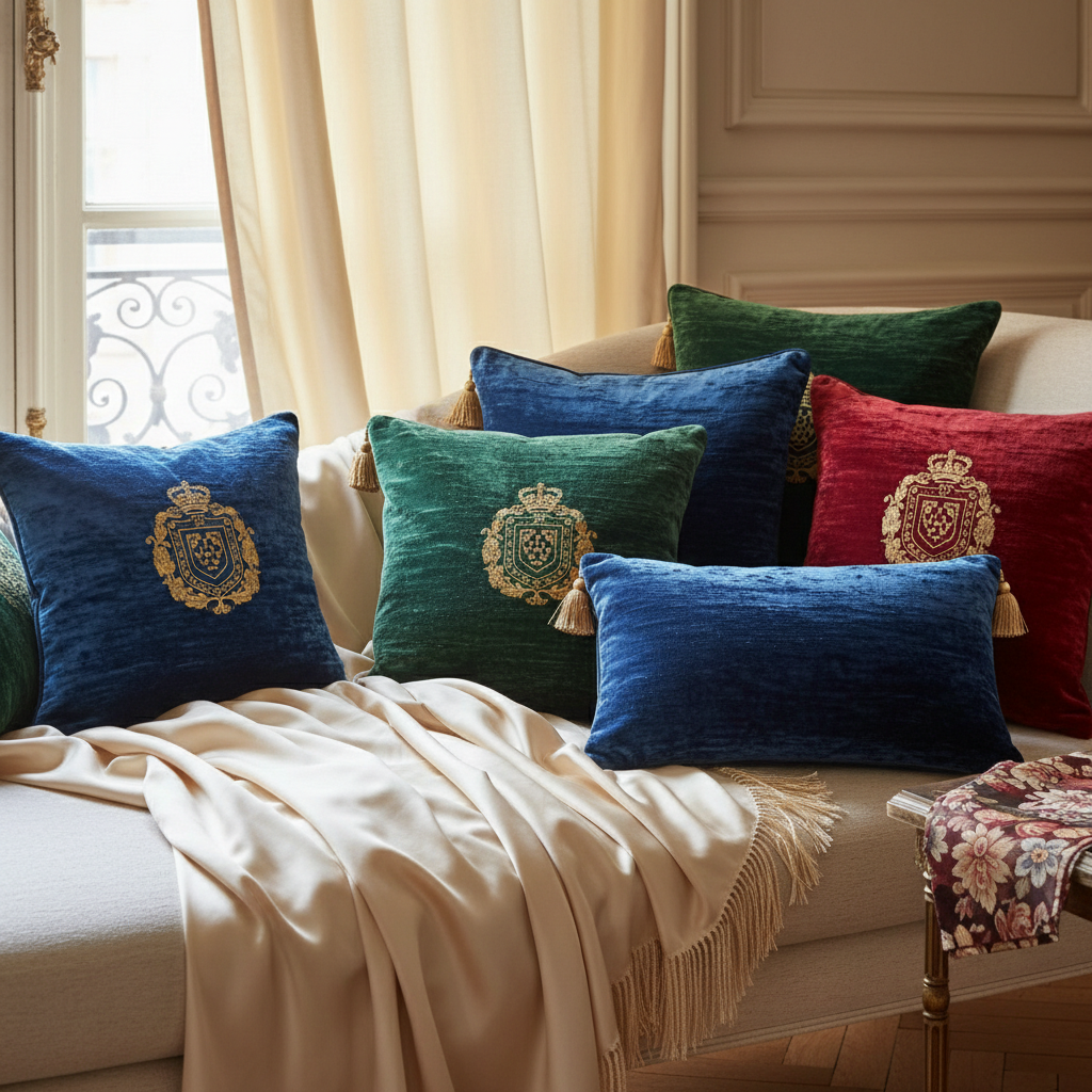 Close-up of textiles used in Parisian interior design: velvet cushions, silk curtains.