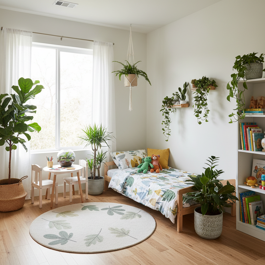 A beautifully staged kid's bedroom filled with plants and natural light.