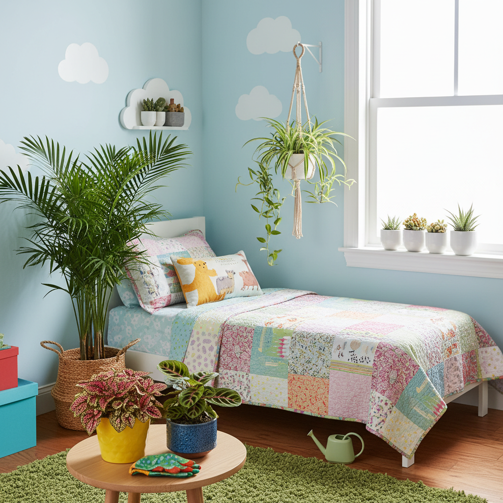 A selection of kid-friendly indoor plants in a vibrant bedroom.