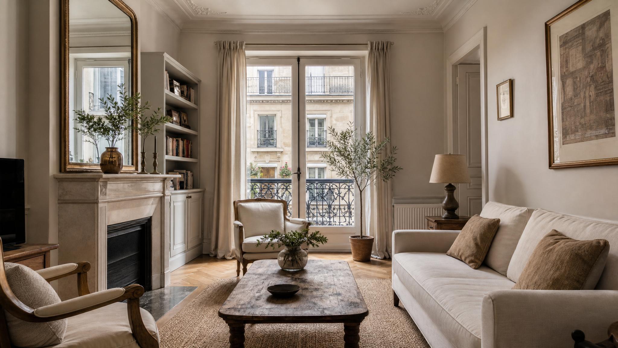 Cozy Parisian small living room showcasing neutral colors and vintage furniture