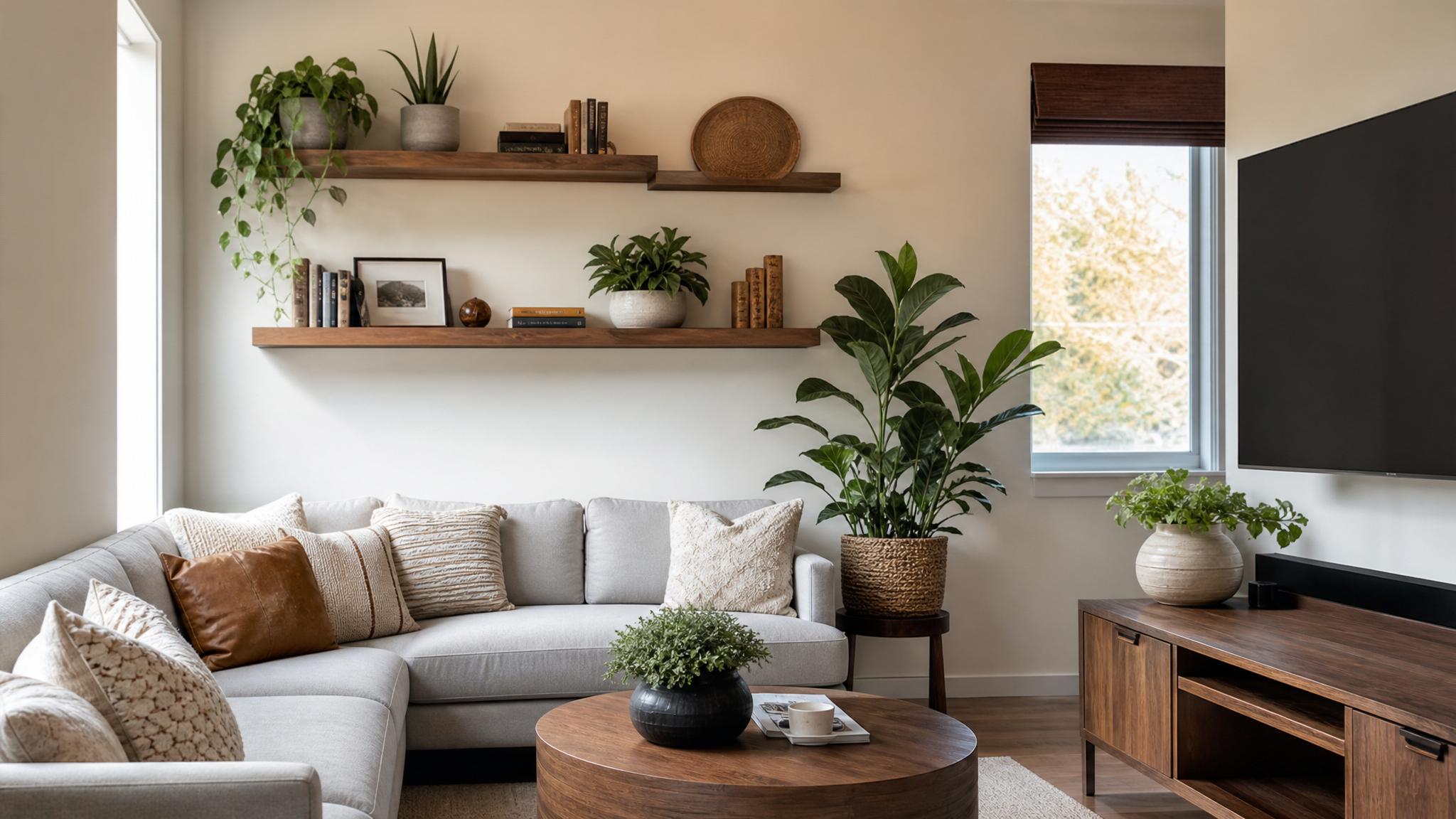 Decorative wall-mounted shelves with plants and books in a small living room