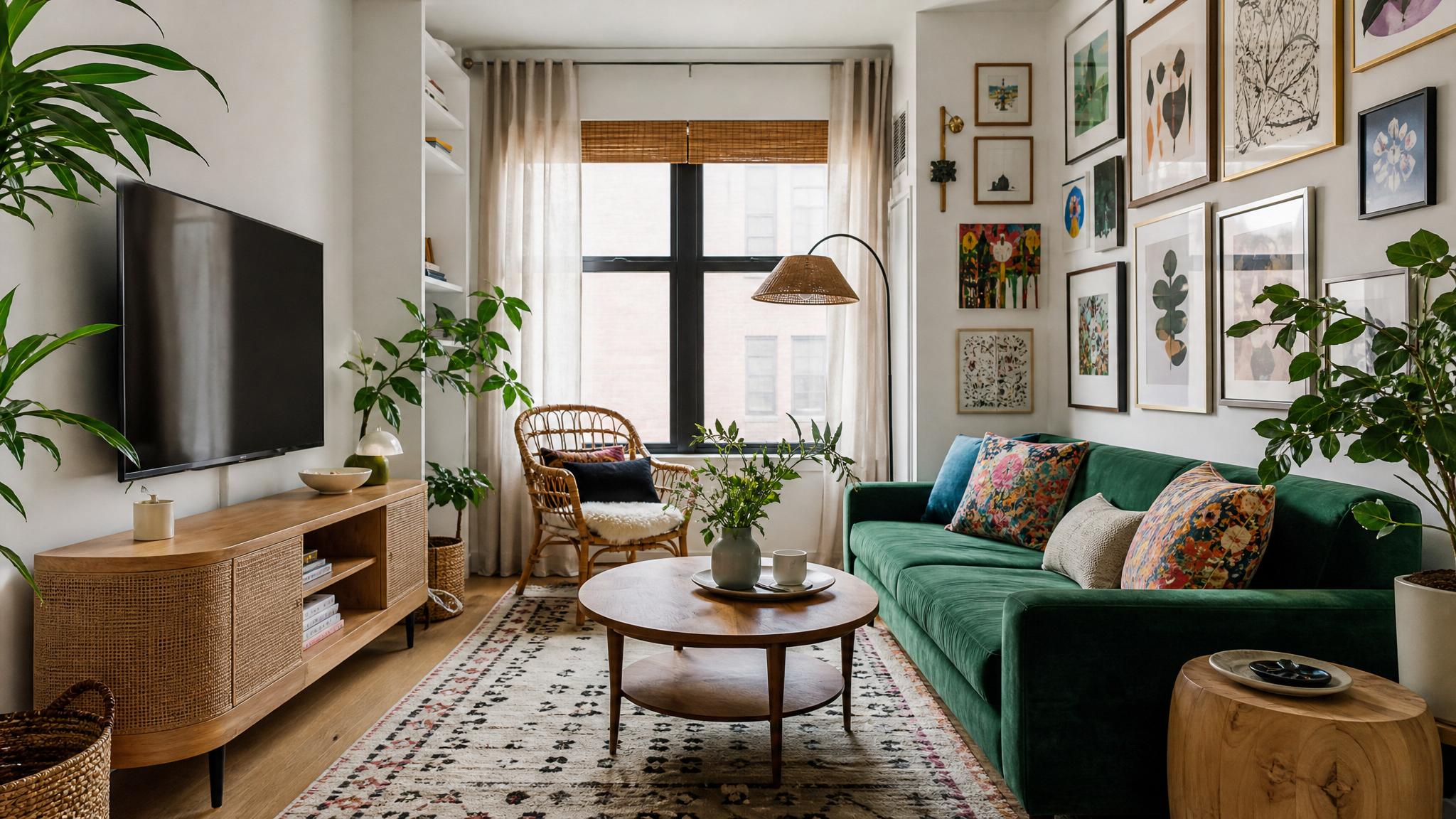 Colorful eclectic small living room layout inspiration
