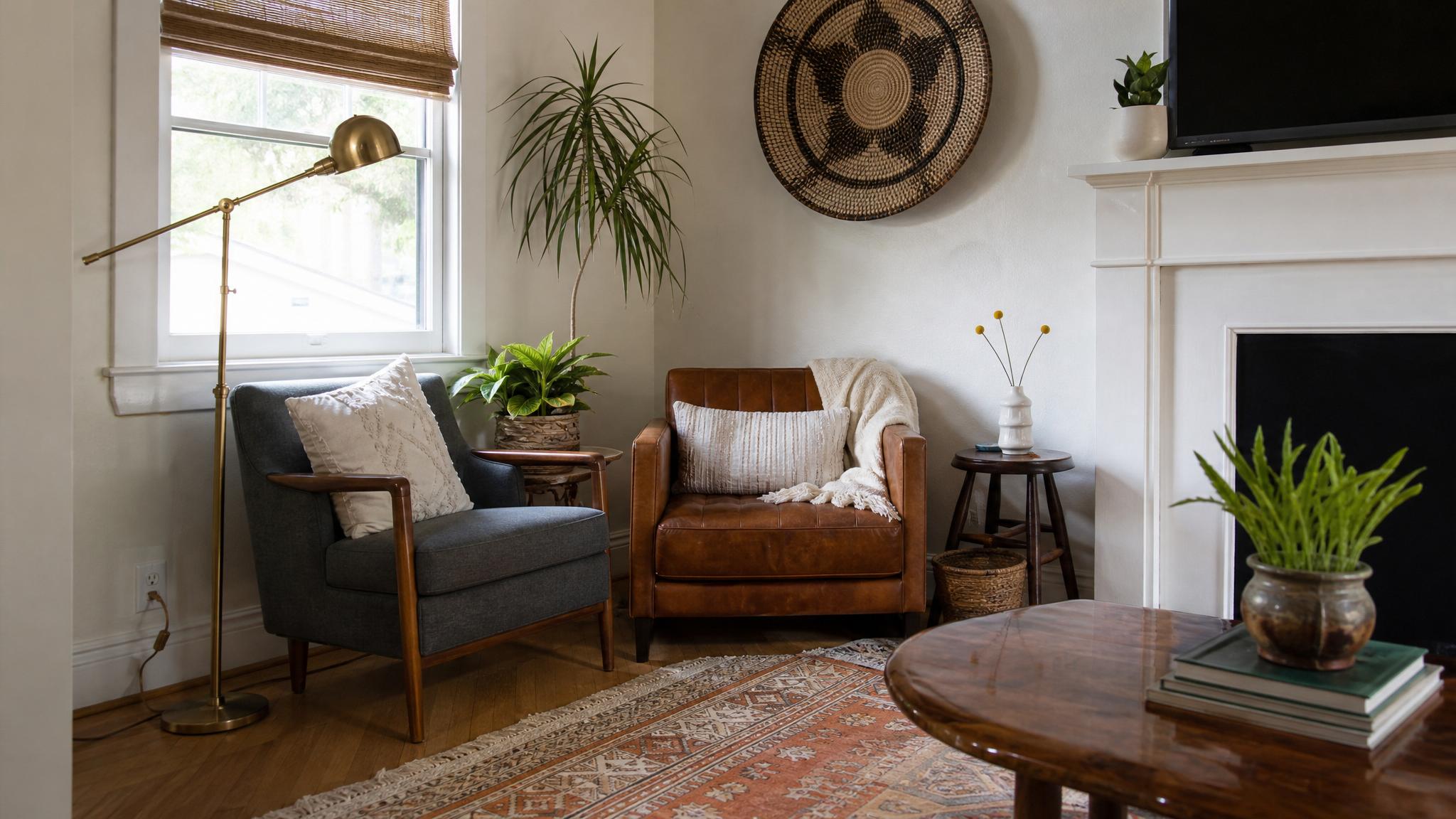 Eclectic corner seating arrangement in a small living room