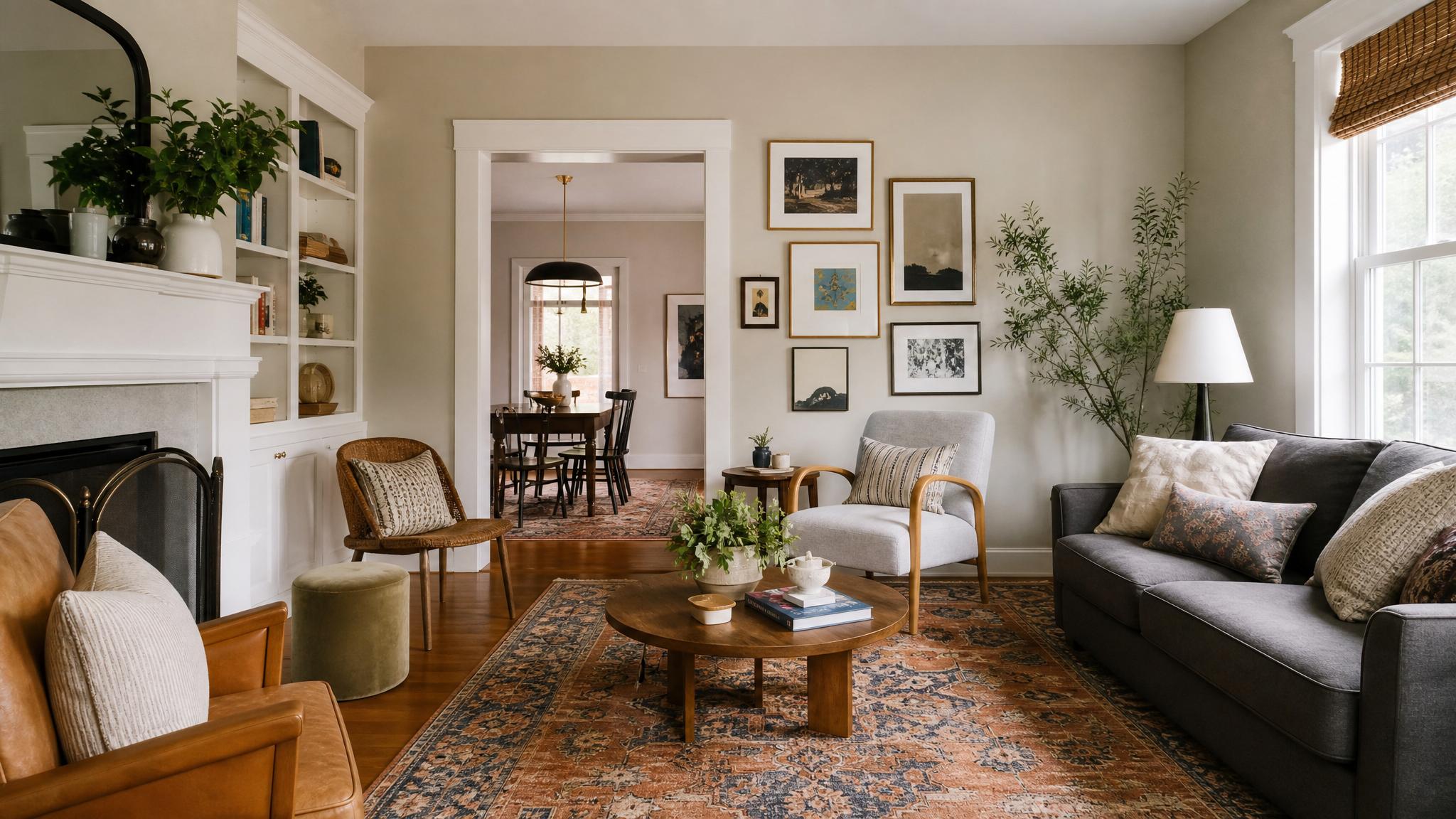 Eclectic small living room showcasing various furniture styles
